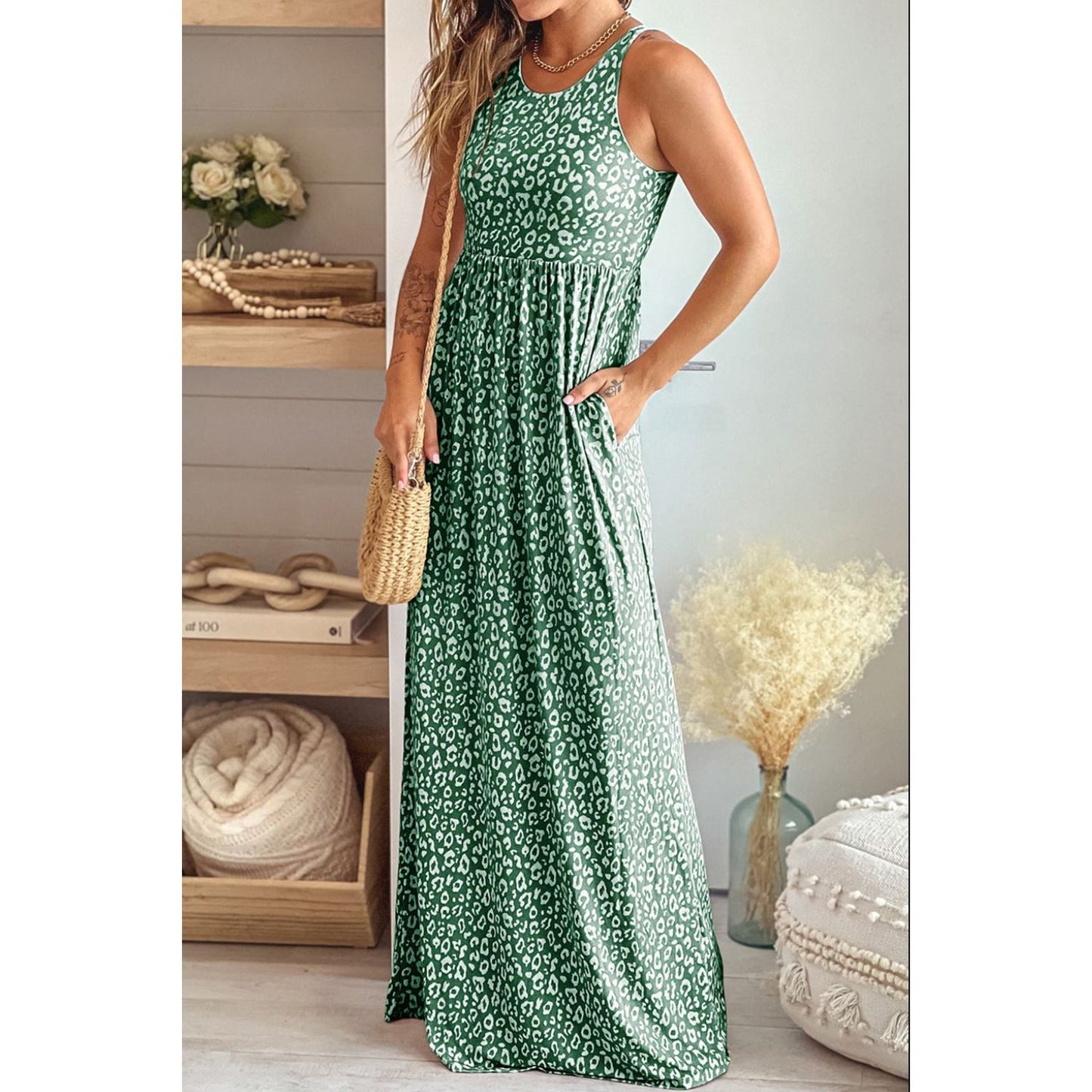 Leopard Round Neck Sleeveless Maxi Dress