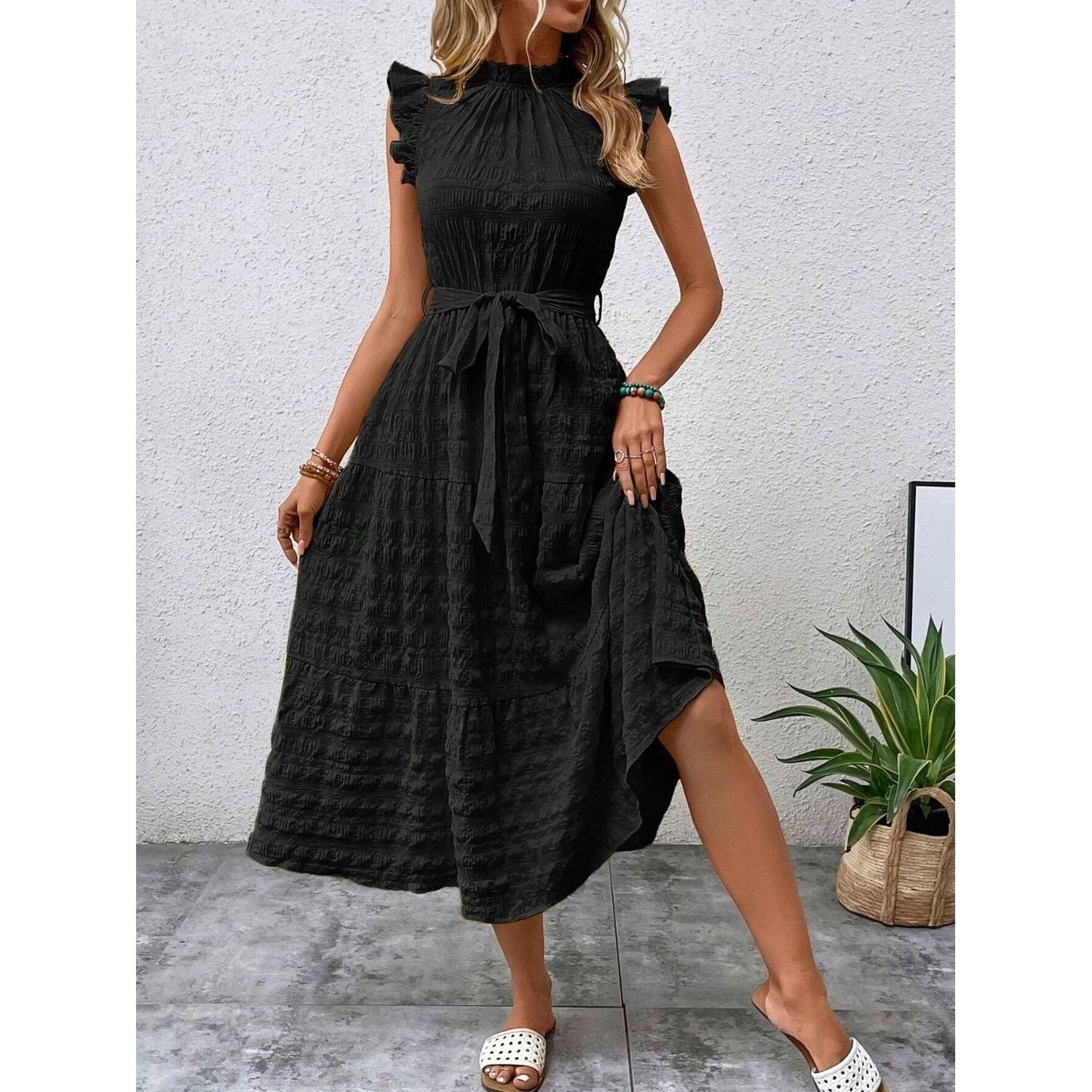 Tied Ruffled Cap Sleeve Midi Dress