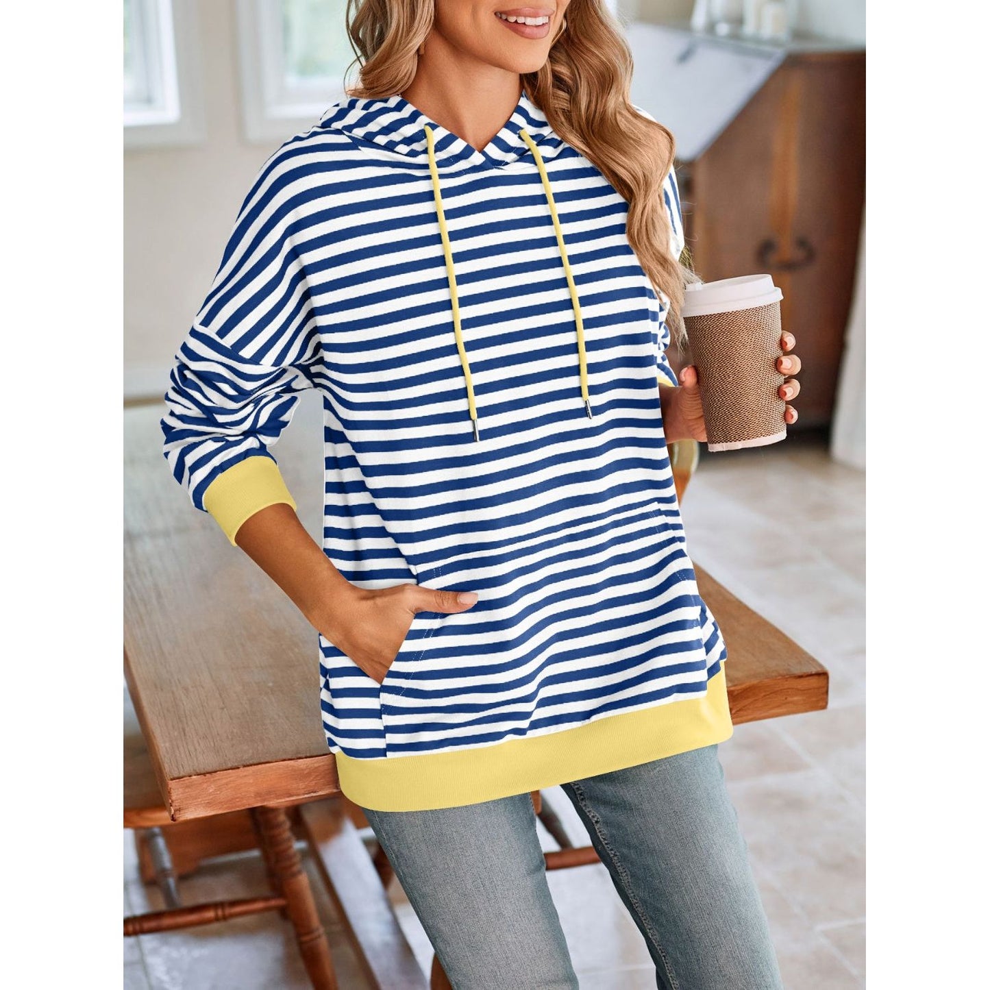 Lovelet Drawstring Striped Long Sleeve Hoodie