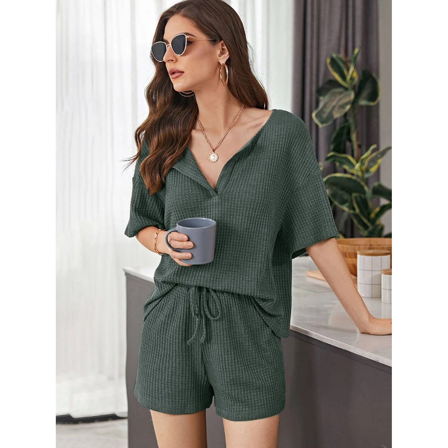 Full Size Waffle-Knit Dropped Shoulder Top and Shorts Set