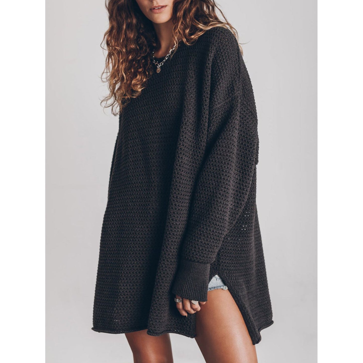 Openwork Round Neck Long Sleeve Slit Sweater