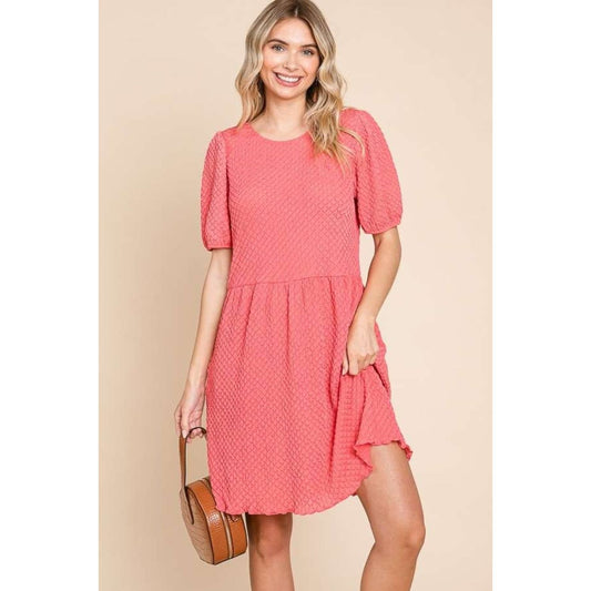 Culture Code Full Size Textured Round Neck Puff Sleeve Dress