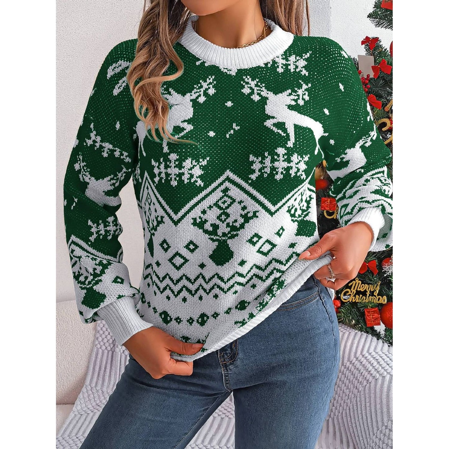 Christmas Element Round Neck Long Sleeve Sweater