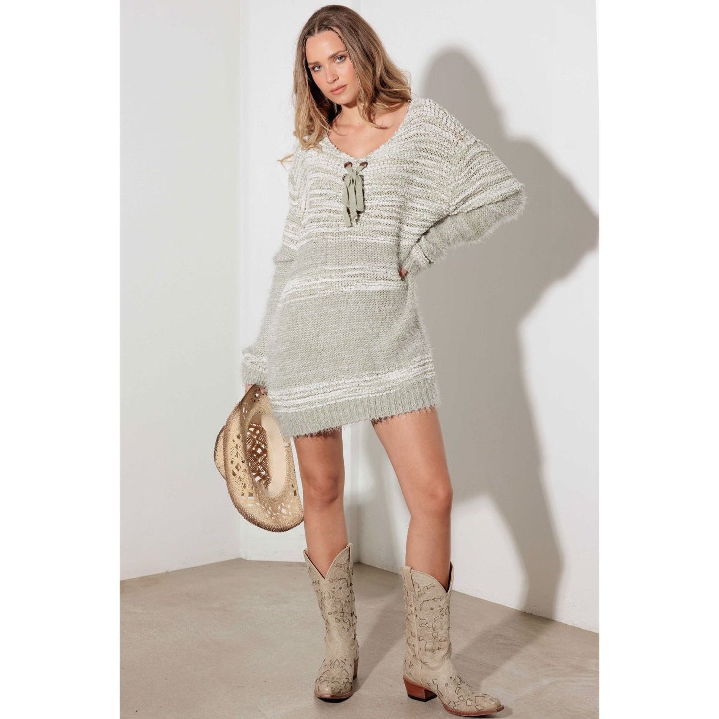 Thinkable Mixed-Stitch Front Tie Sweater Dress