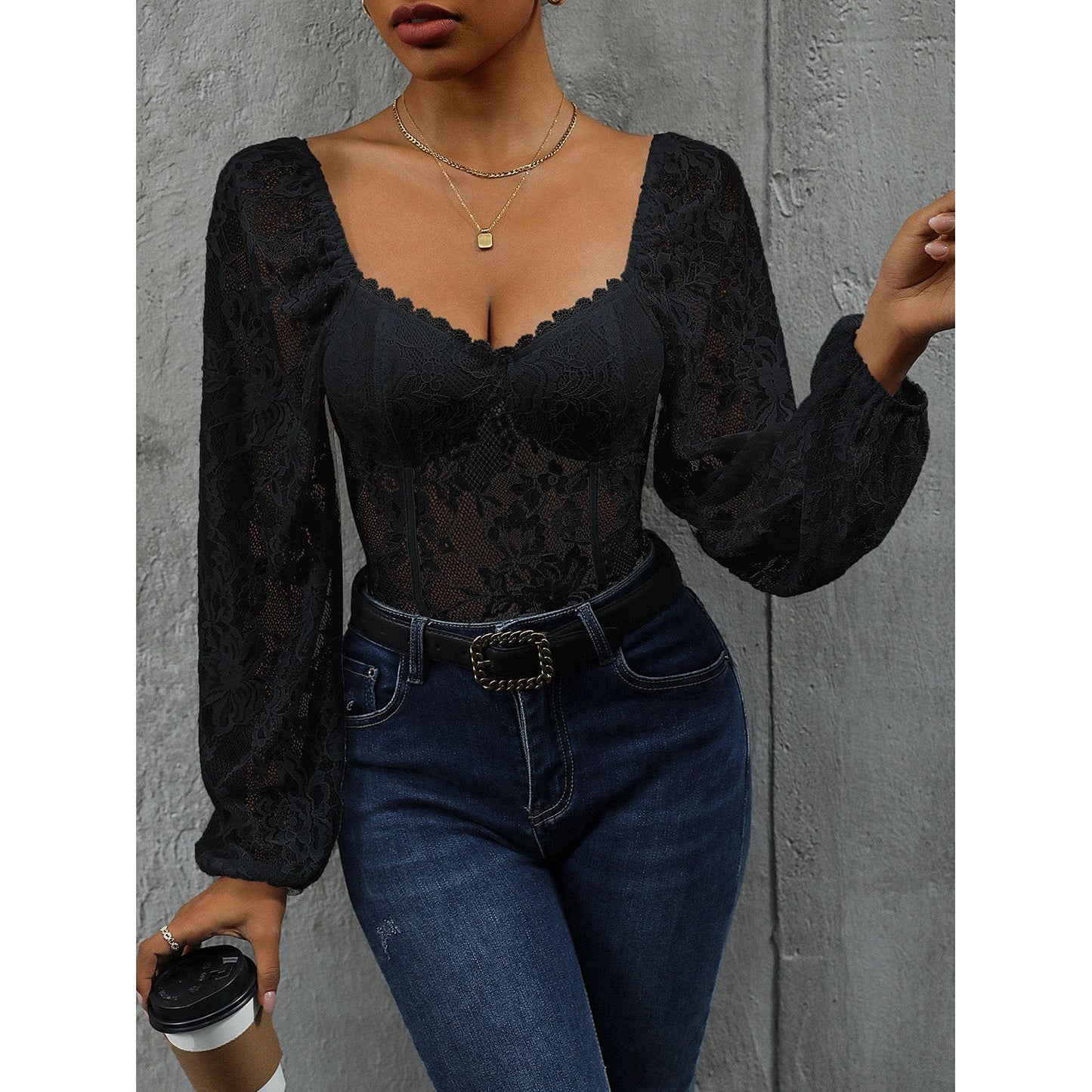 Perfee Lace Balloon Sleeve Bodysuit