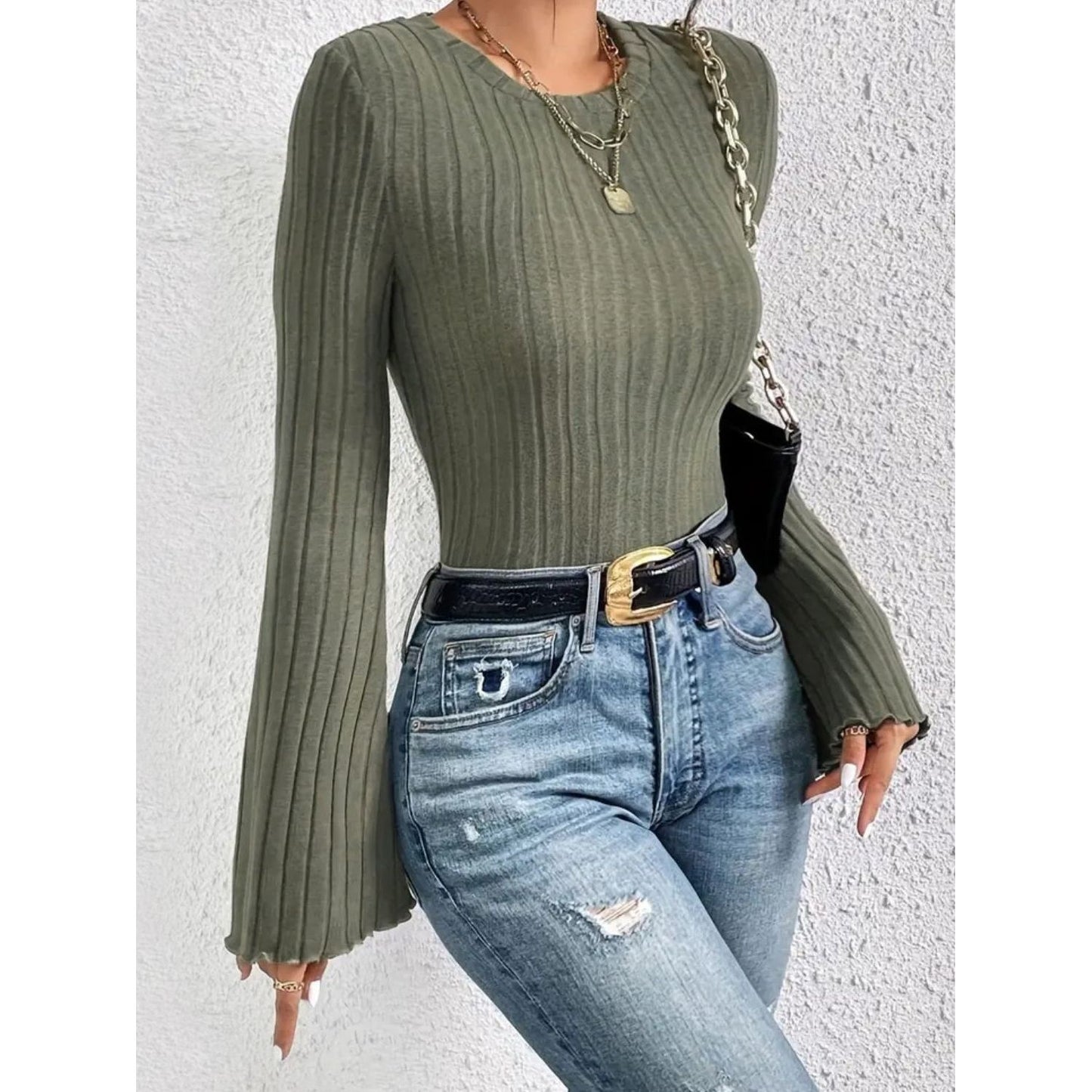 Ribbed Round Neck Flare Sleeve T-Shirt