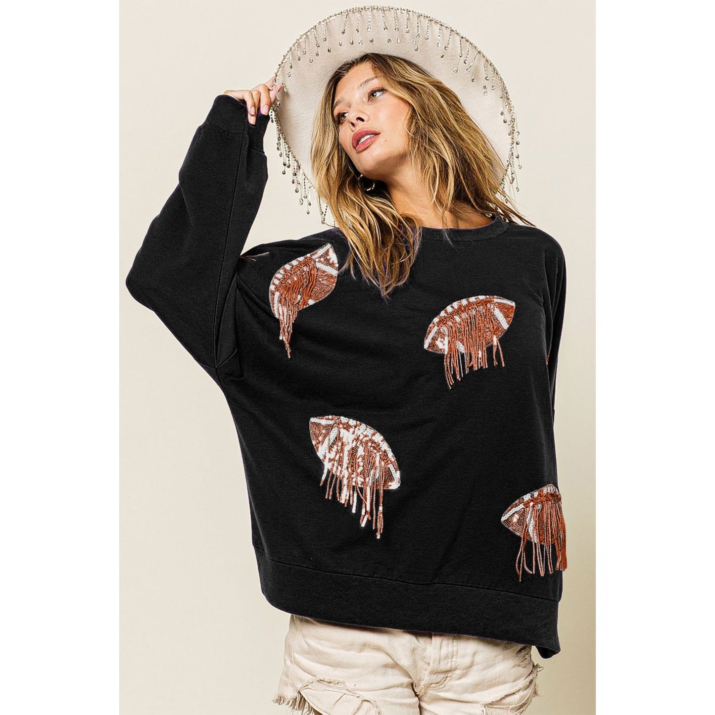 BiBi Sequin Fringe Football Patch Round Neck Sweatshirt