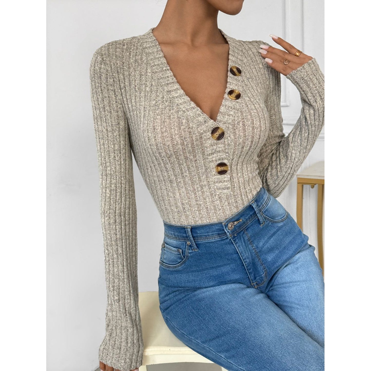 Perfee V-Neck Long Sleeve Bodysuit