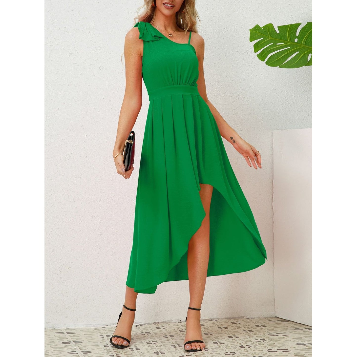 Bow Asymmetrical Neck Sleeveless Dress