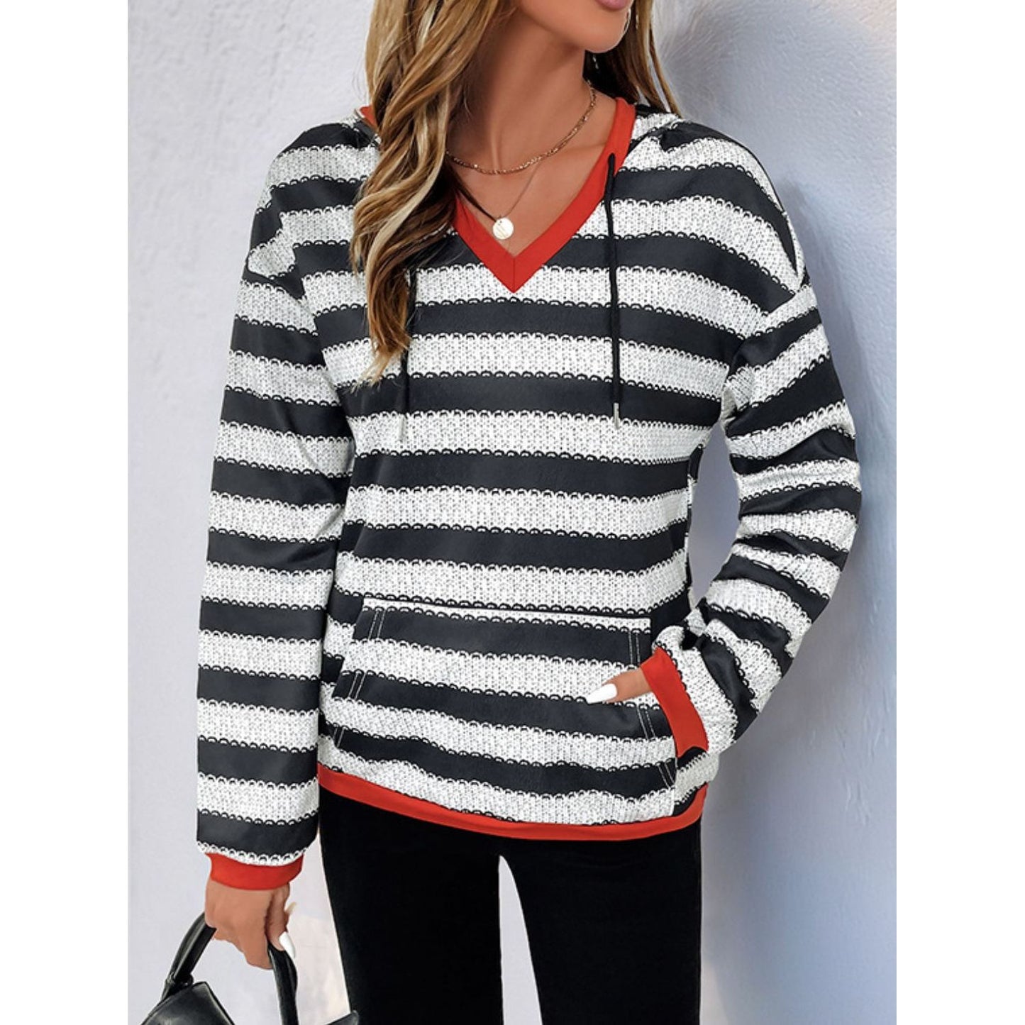 Perfee Contrast Striped Long Sleeve Hoodie