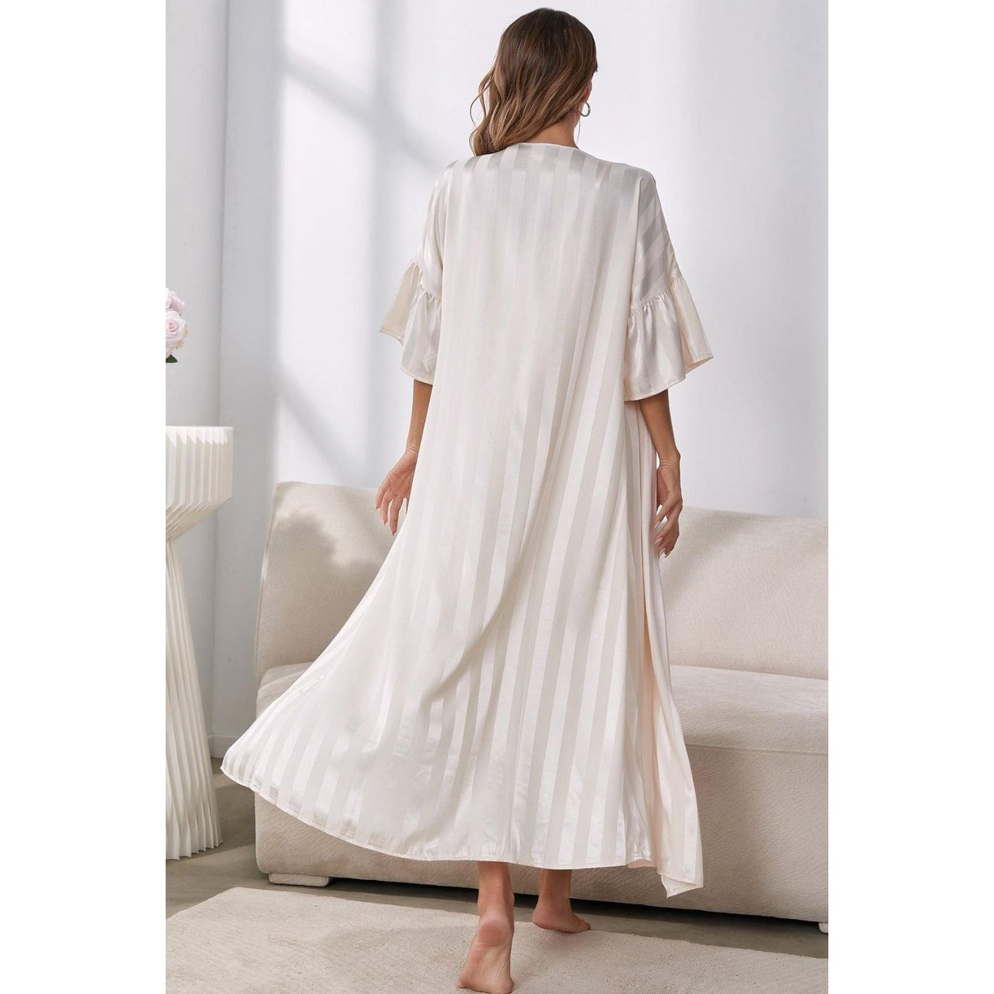 Striped Flounce Sleeve Open Front Robe and Cami Dress Set