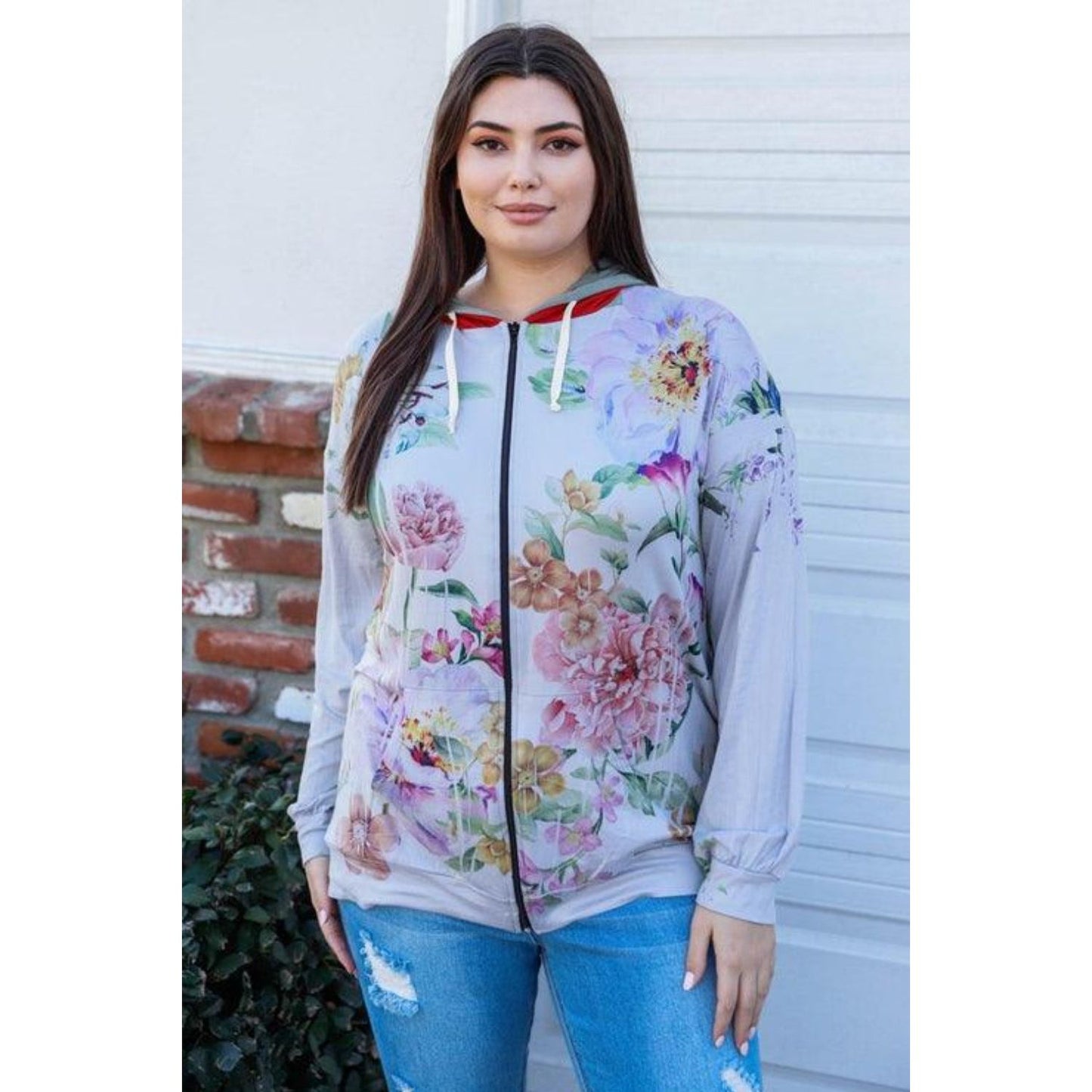 Blumin Apparel Full Size Floral Zip Up Hoodie