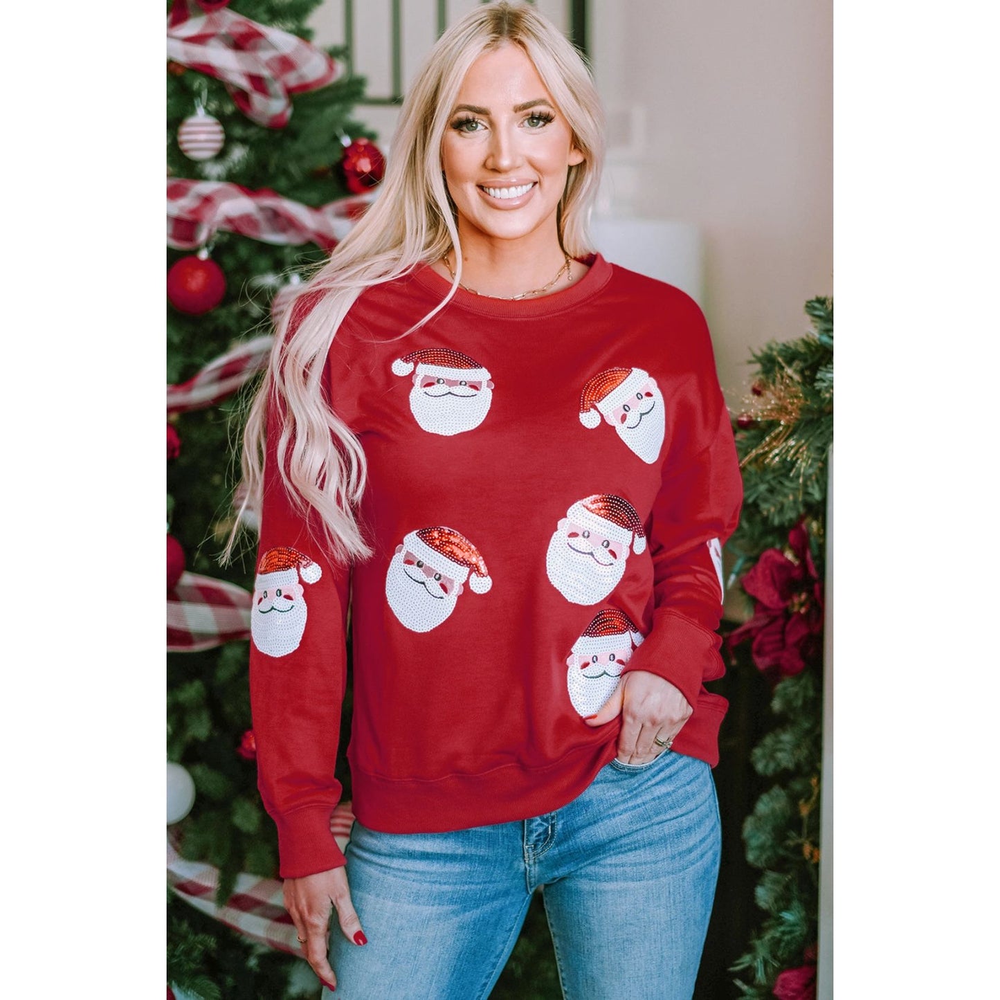 Sequin Santa Patch Round Neck Sweatshirt