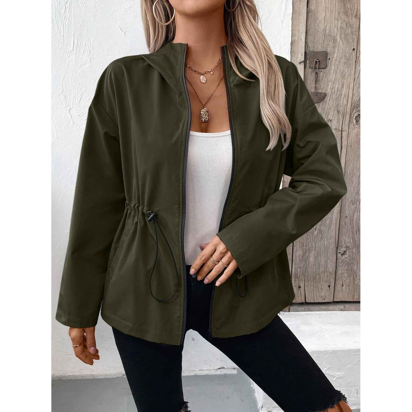 Drawstring Zip Up Hooded Jacket