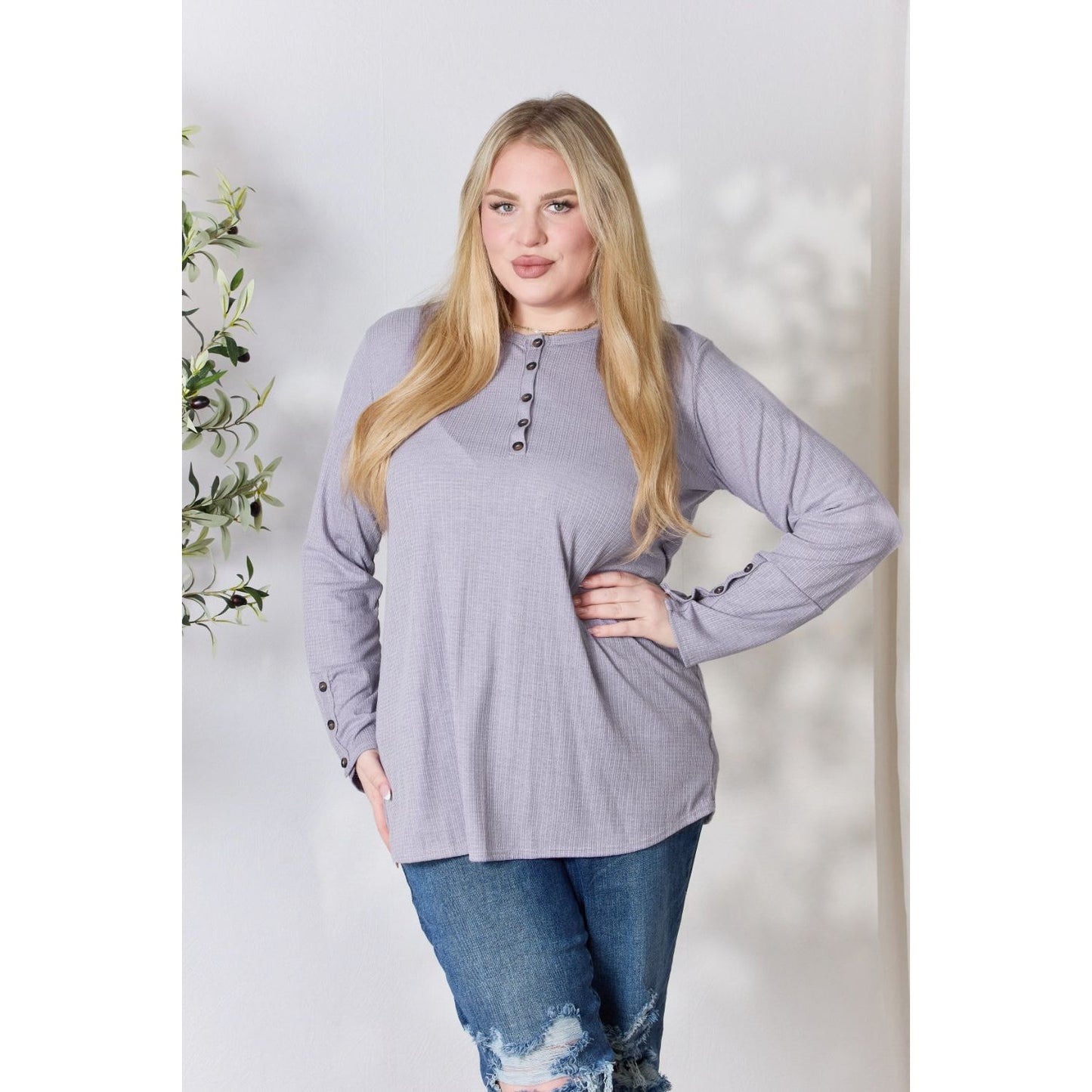 Heimish Full Size Texture Half Button Long Sleeve Top