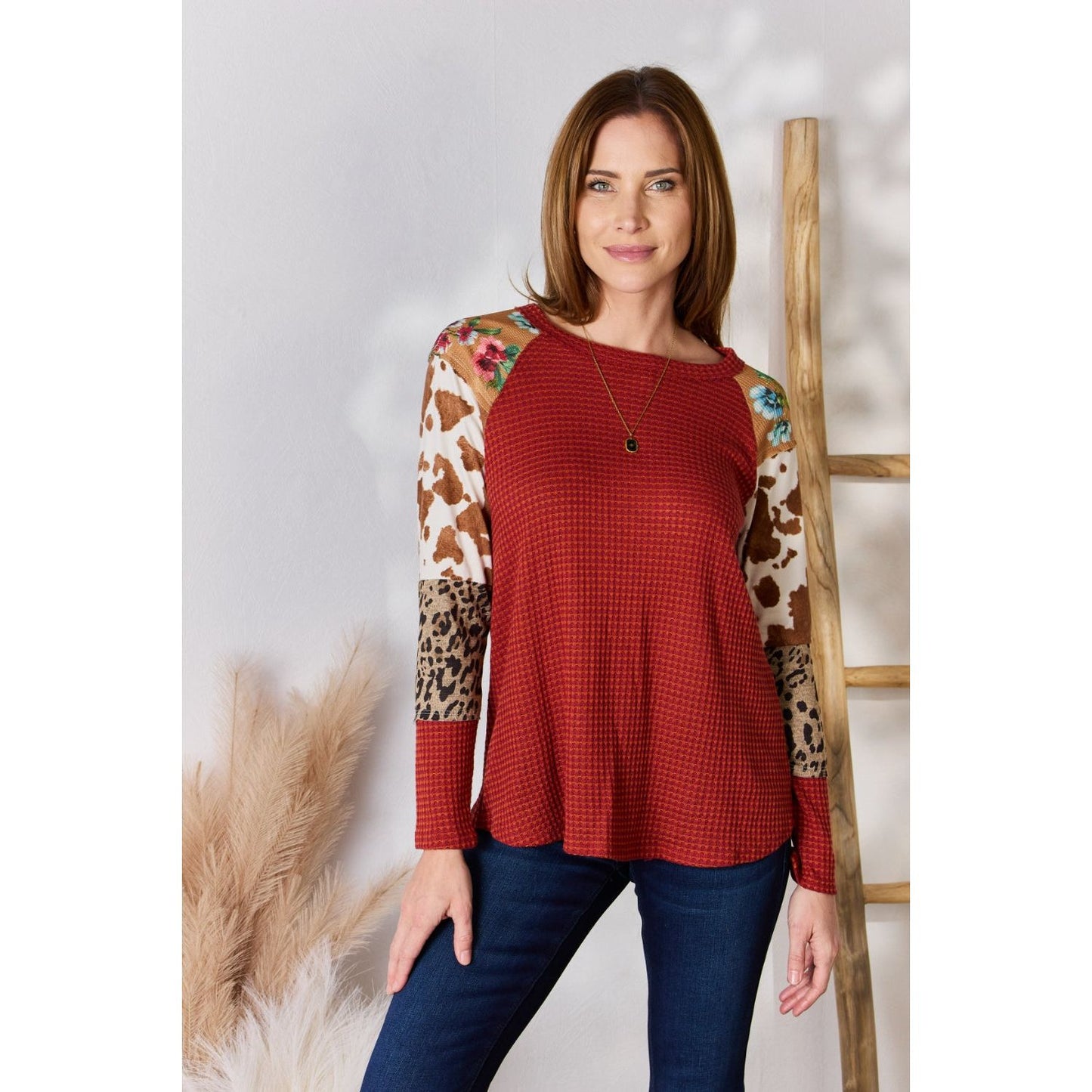 Hailey & Co Full Size Leopard Waffle-Knit Blouse