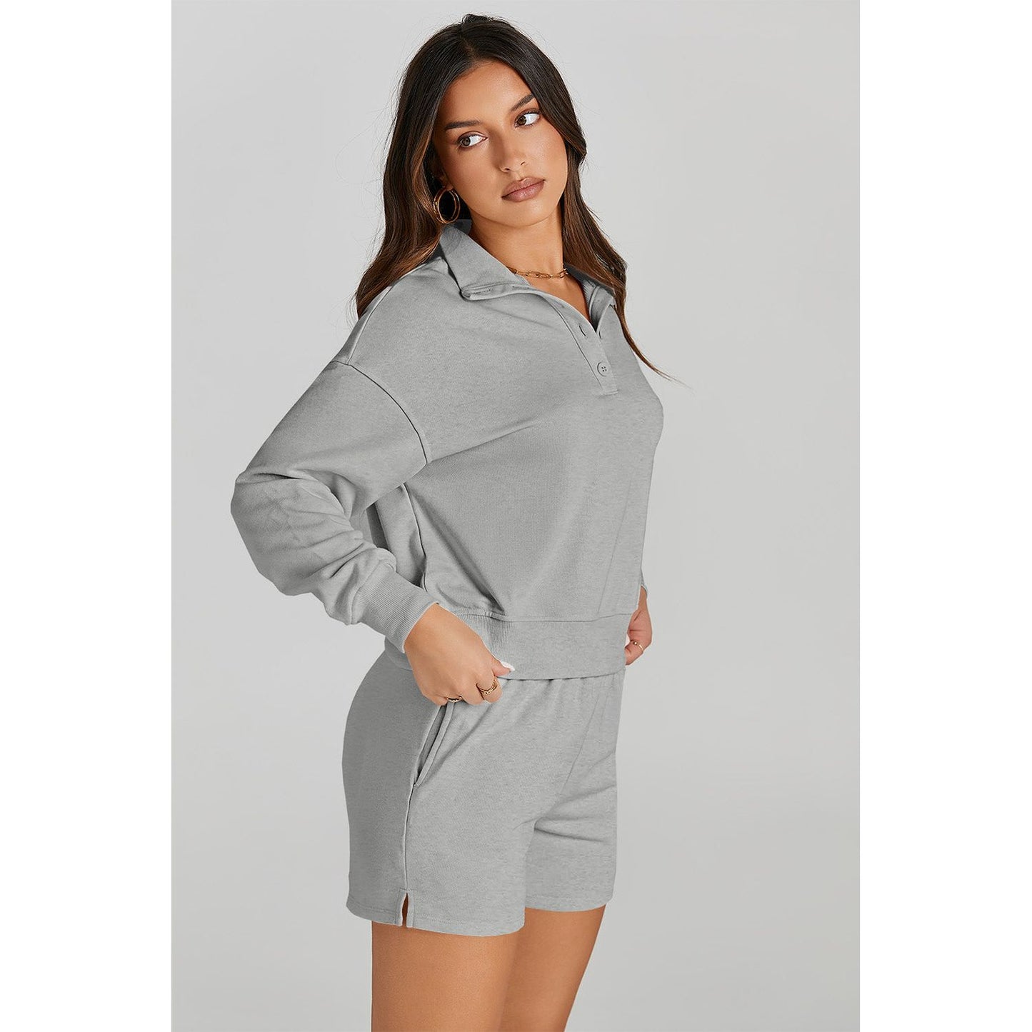 Half Button Sweatshirt and Shorts Active Set