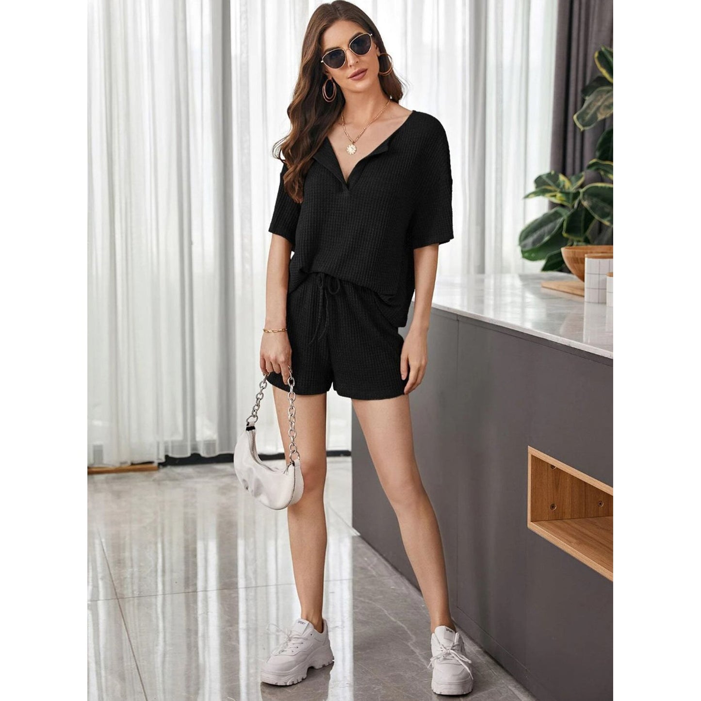 Full Size Waffle-Knit Dropped Shoulder Top and Shorts Set