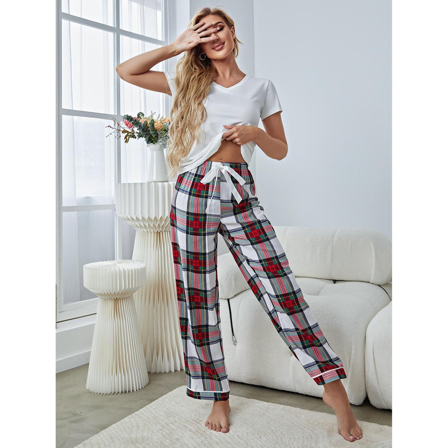 V-Neck Tee and Plaid Pants Lounge Set