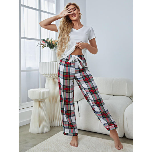 V-Neck Tee and Plaid Pants Lounge Set