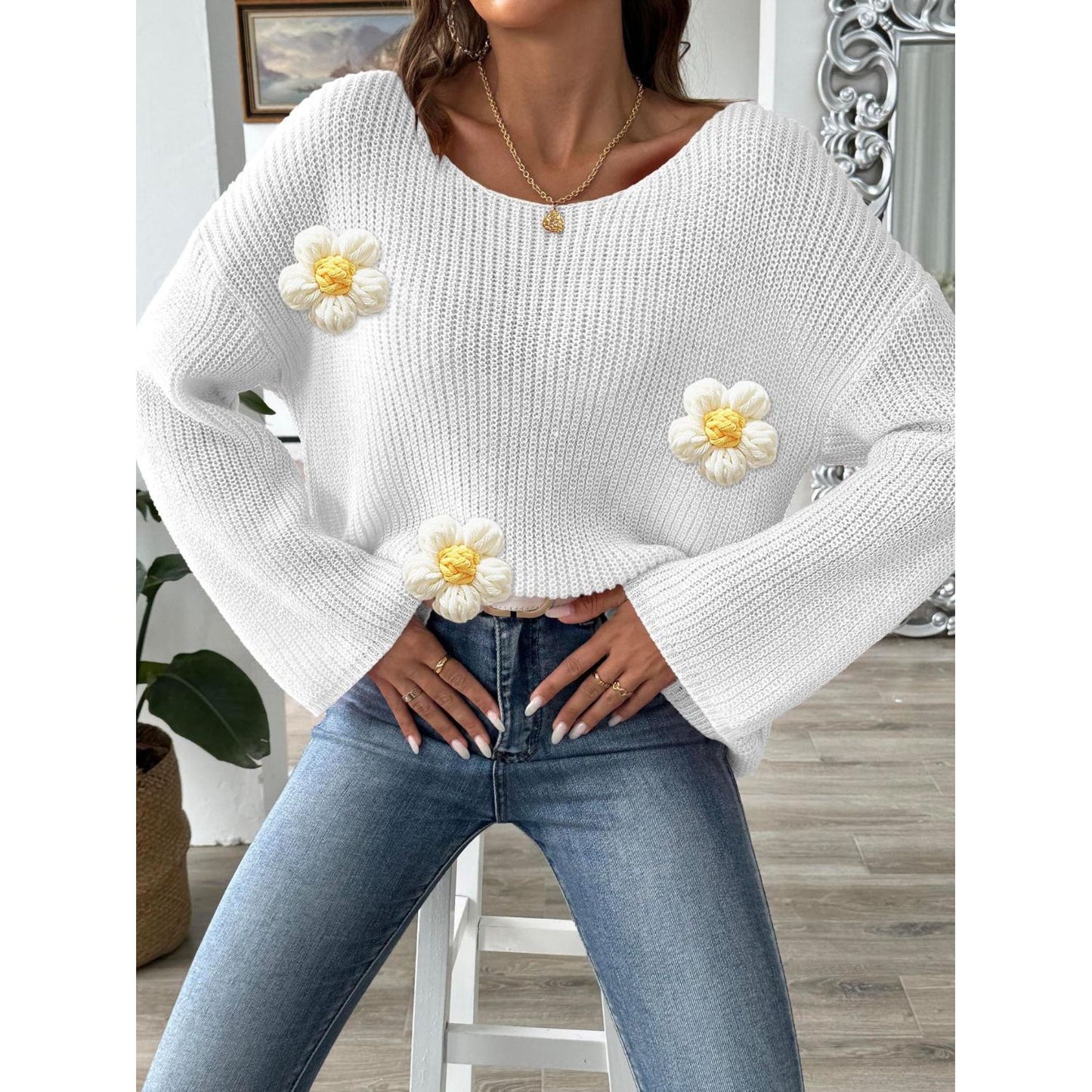 Flower Round Neck Long Sleeve Sweater