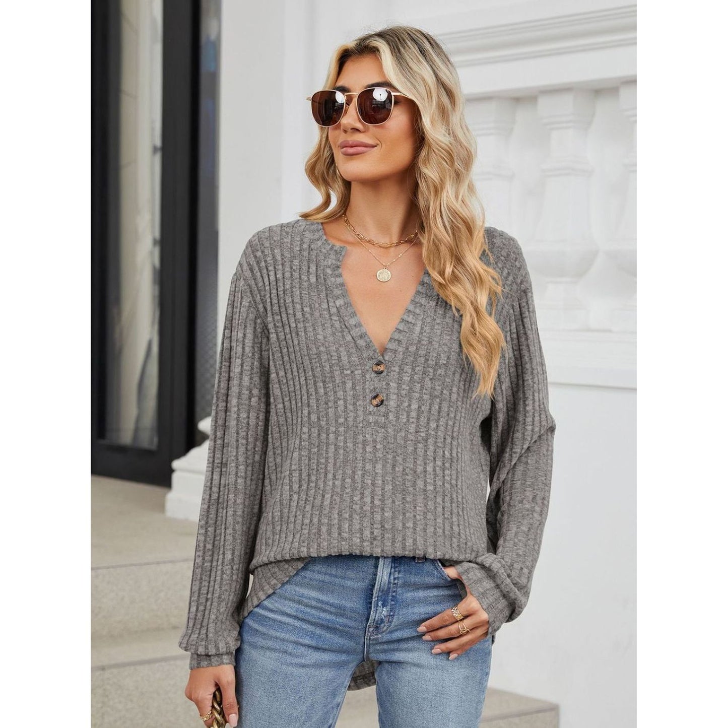 Ribbed Notched Long Sleeve T-Shirt