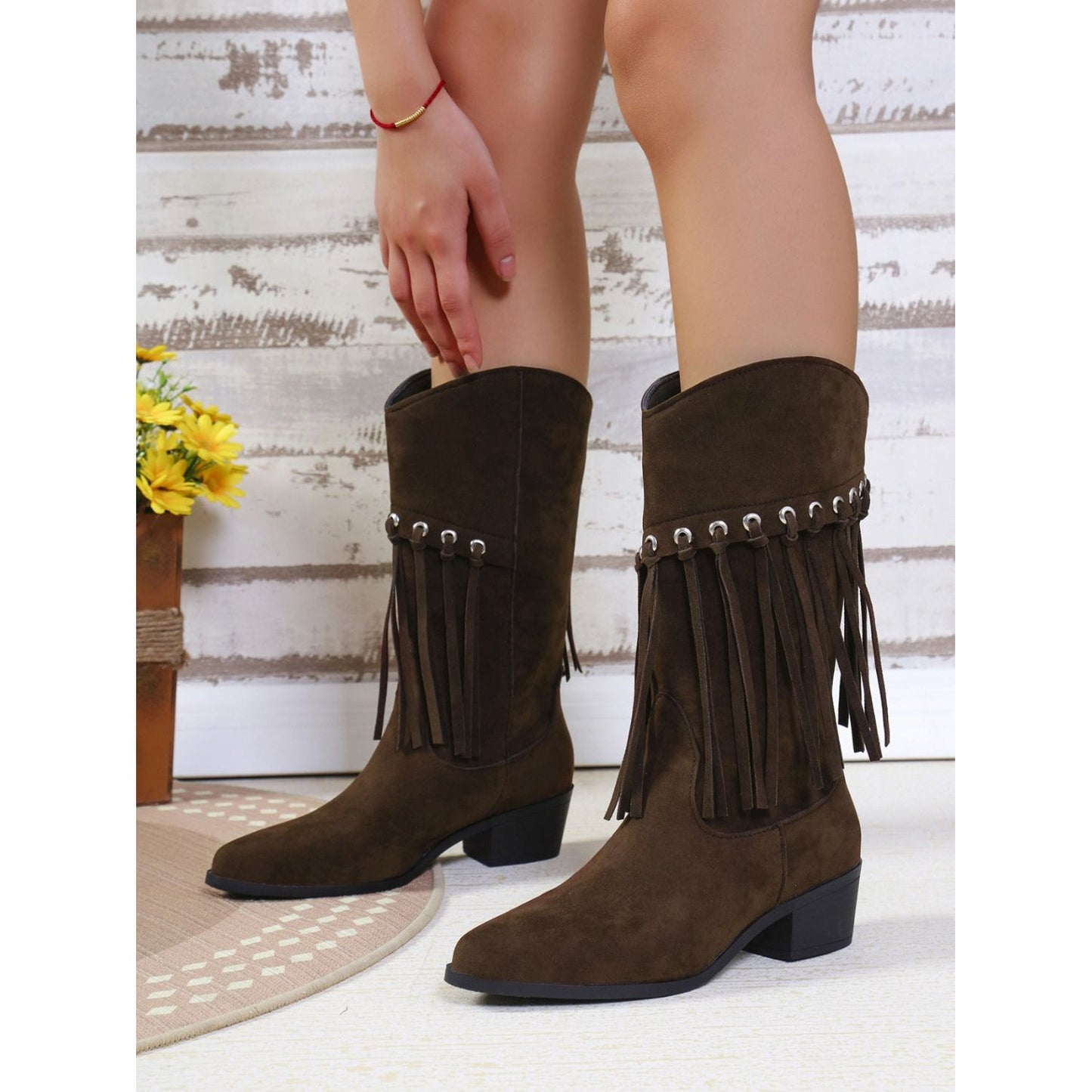 Fringe Suede Point Toe Block Heel Boots