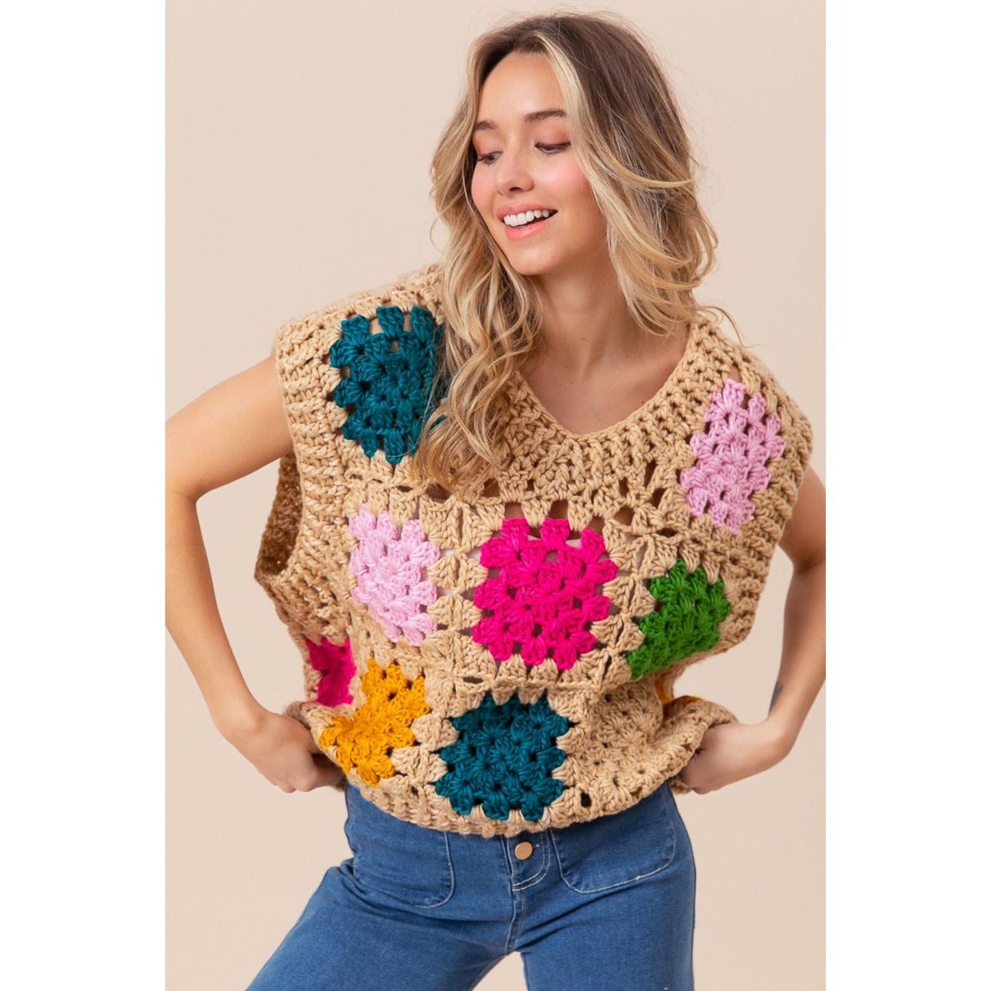 BiBi Granny Square Openwork Sweater Vest