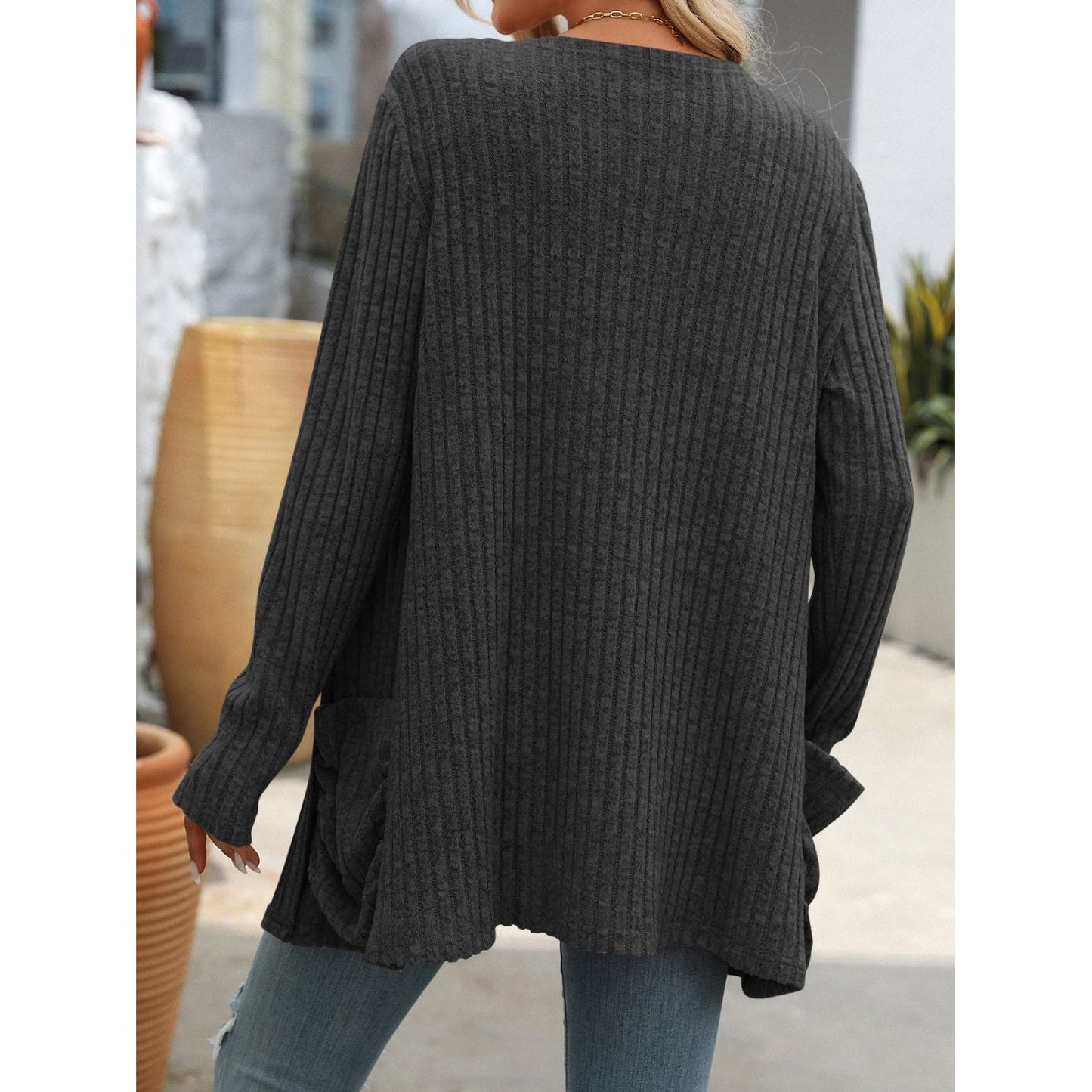 Open Front Long Sleeve Ribbed Cardigan