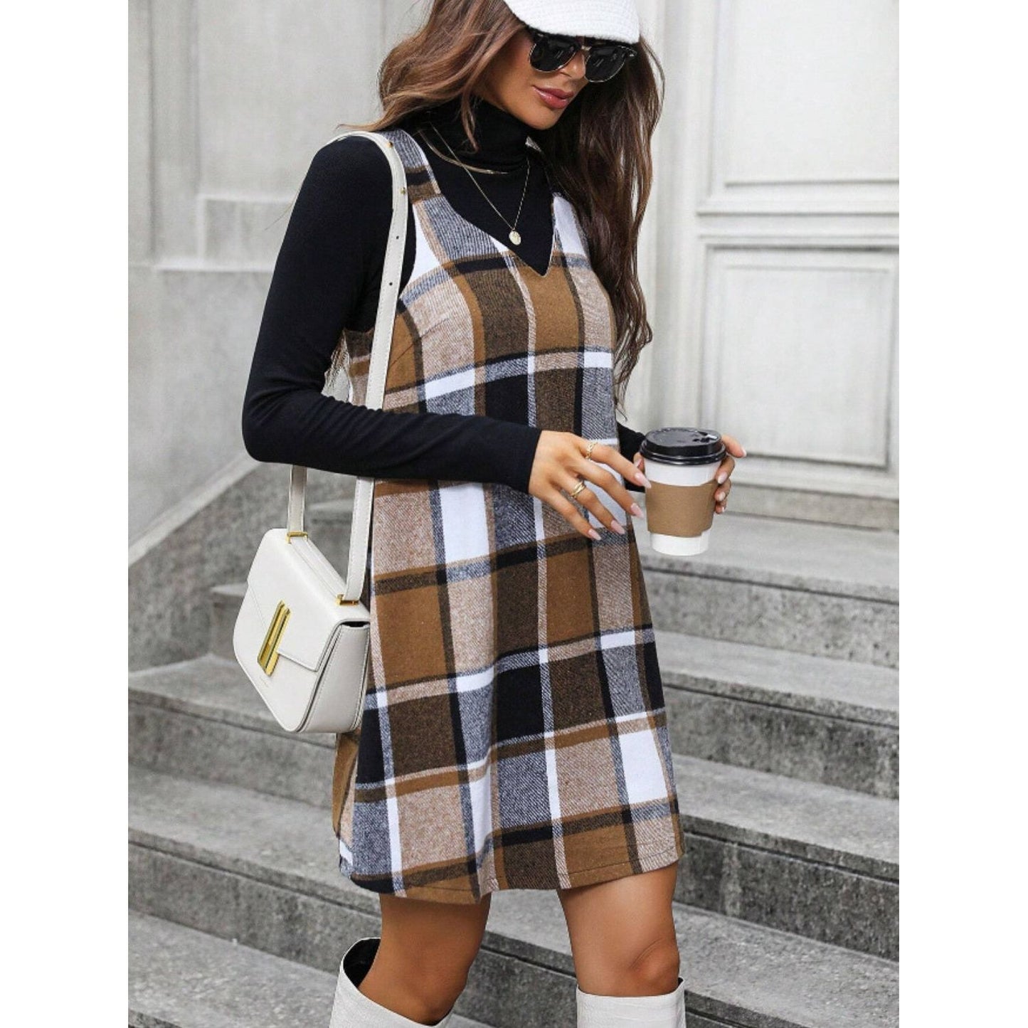 Plaid V-Neck Wide Strap Dress