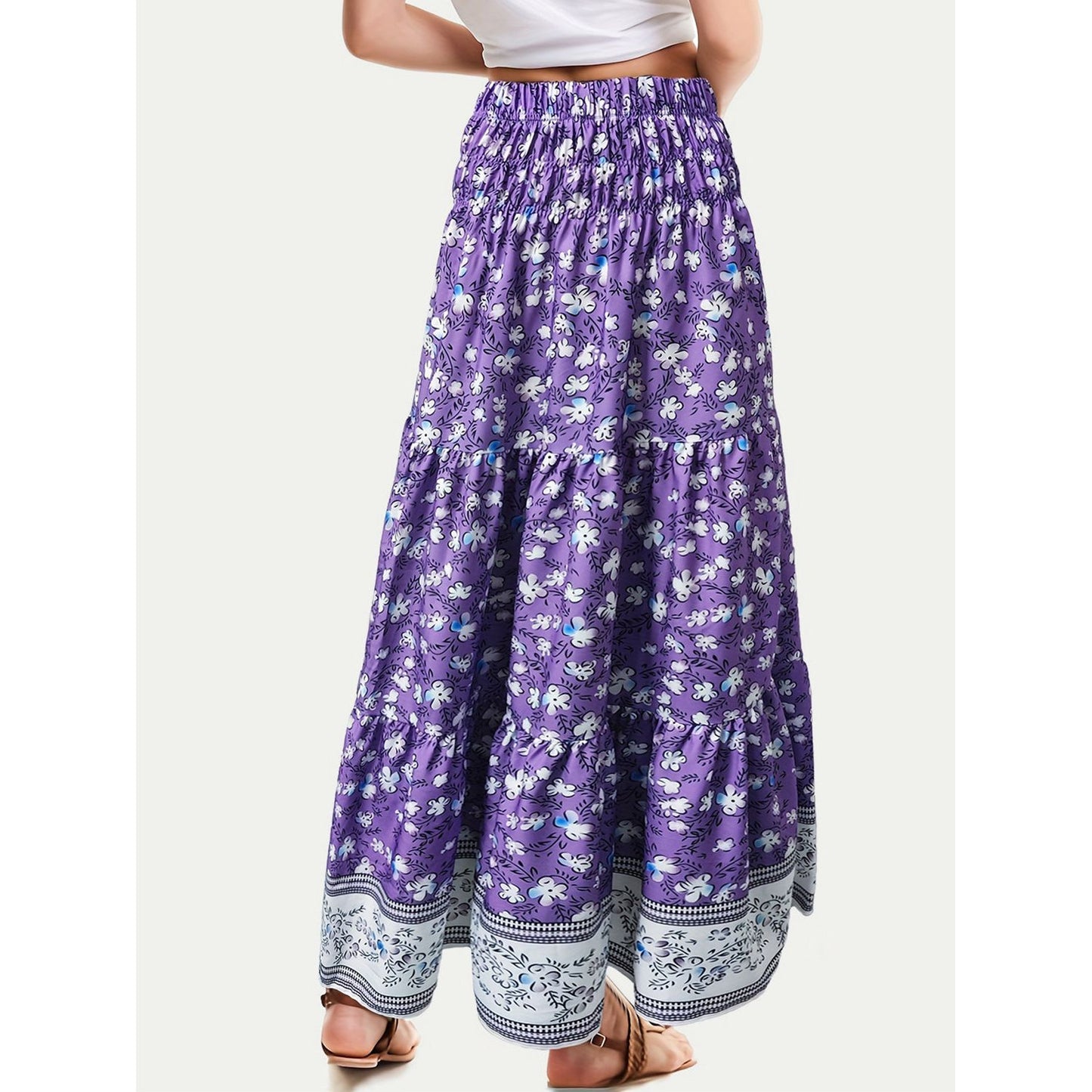 Full Size Tiered Printed Elastic Waist Skirt