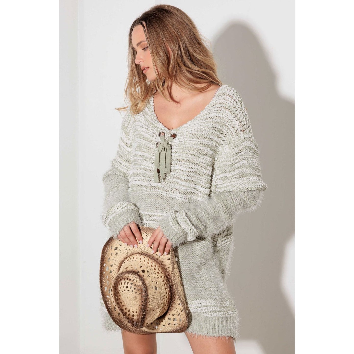 Thinkable Mixed-Stitch Front Tie Sweater Dress