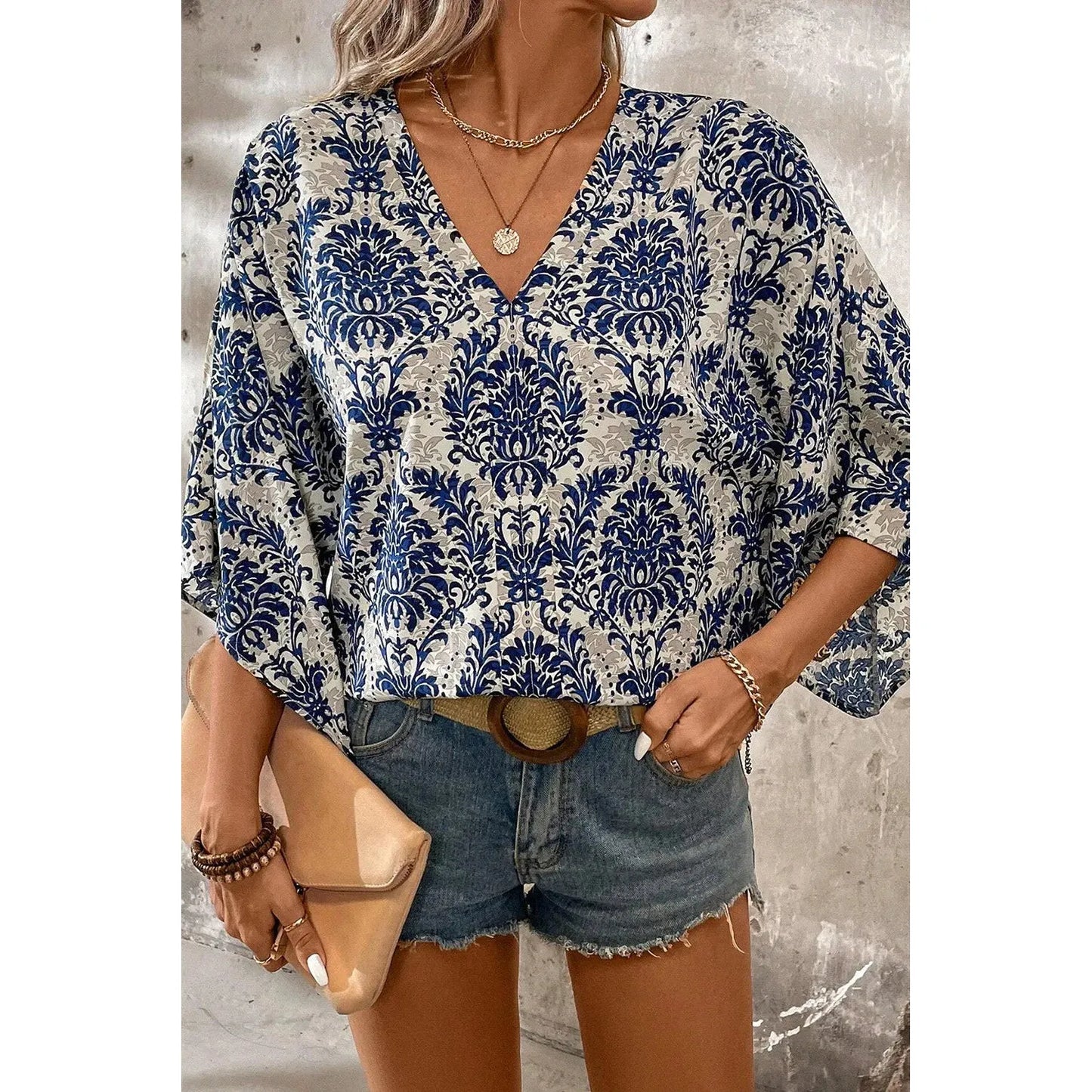 Printed V-Neck Three-Quarter Sleeve Blouse