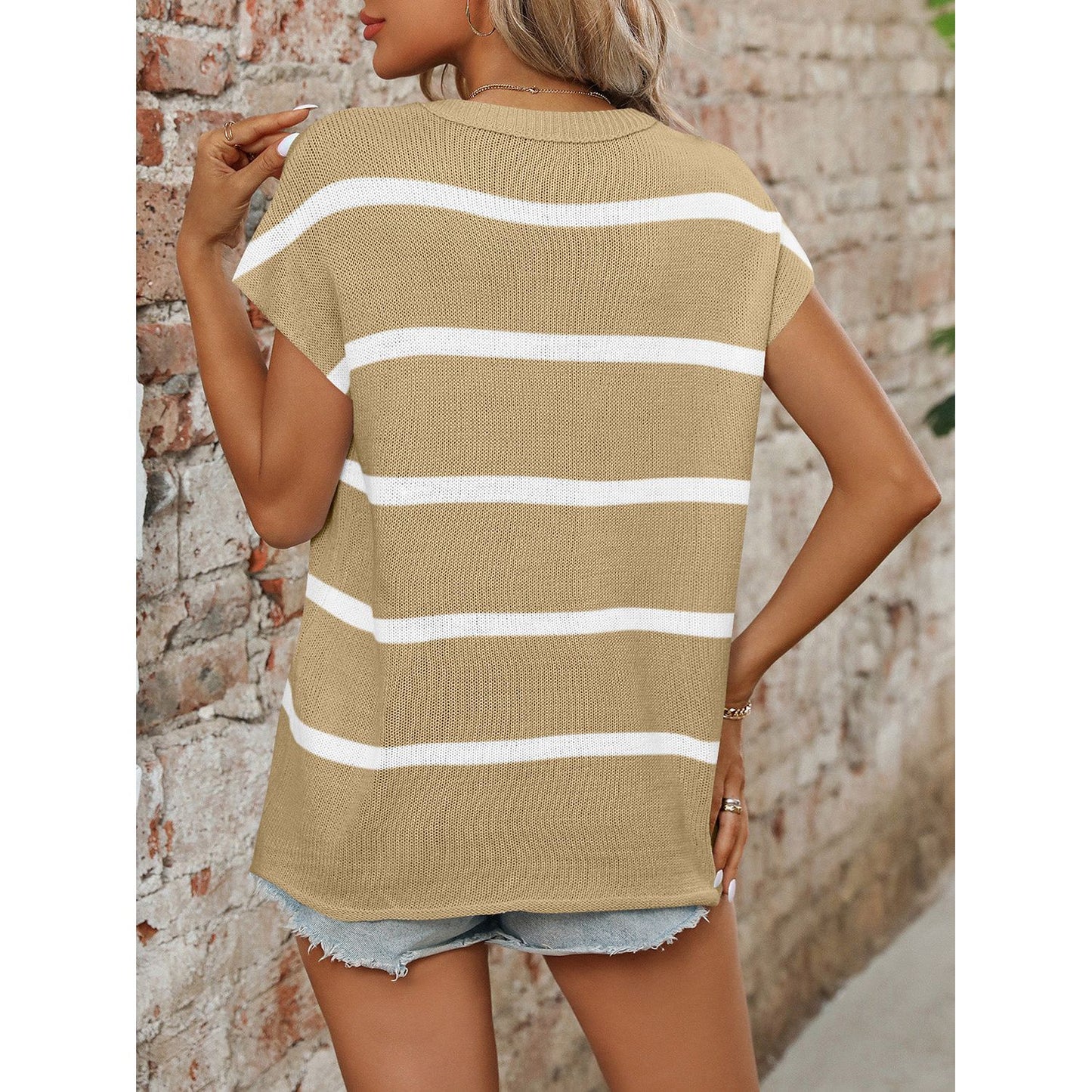 Mandy Striped Round Neck Short Sleeve Knit Top