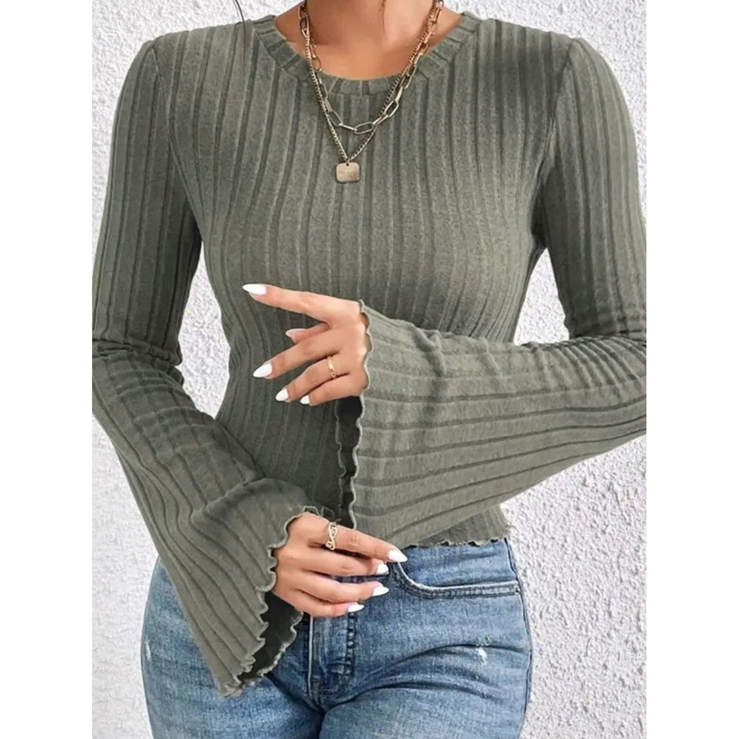 Ribbed Round Neck Flare Sleeve T-Shirt