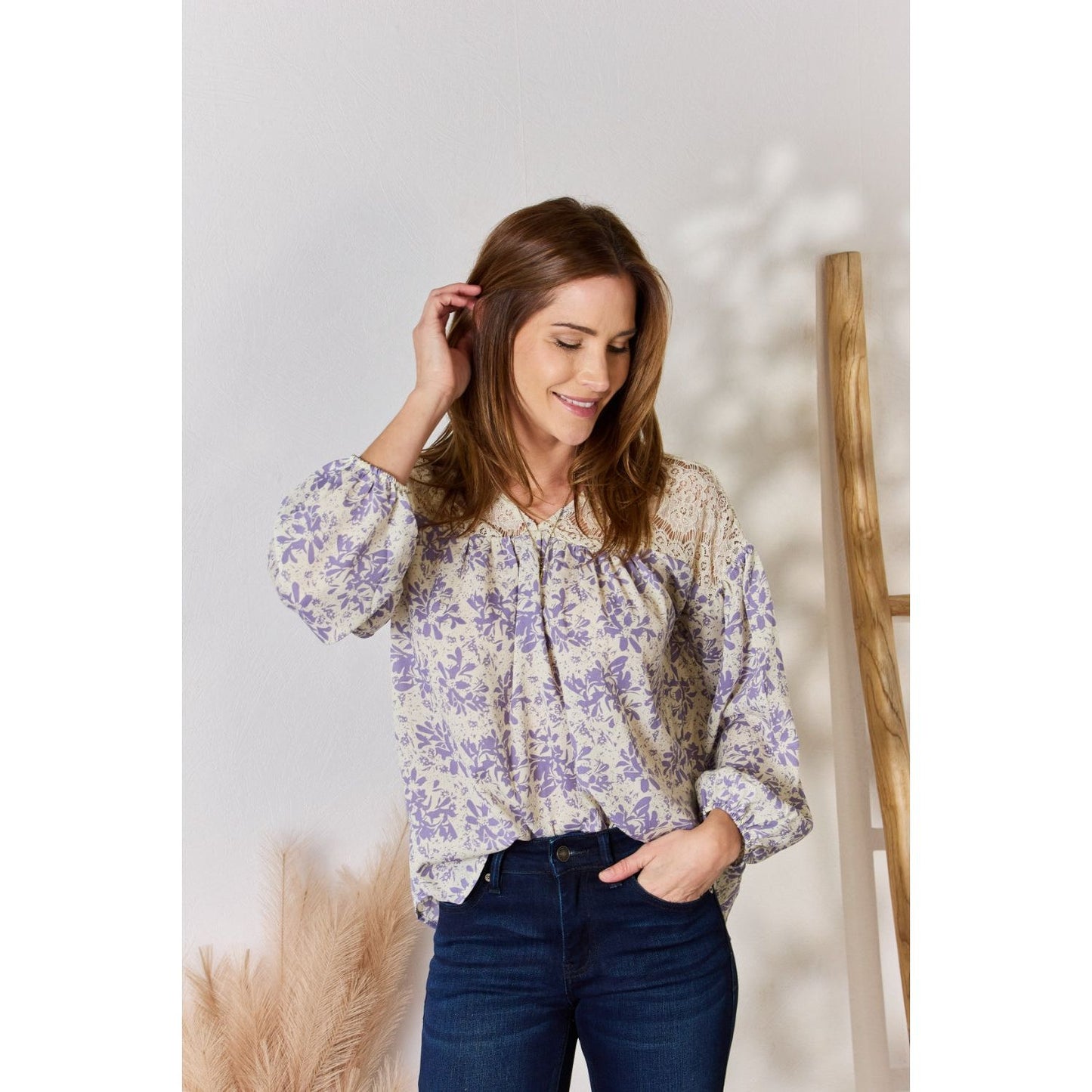 Hailey & Co Full Size Lace Detail Printed Blouse