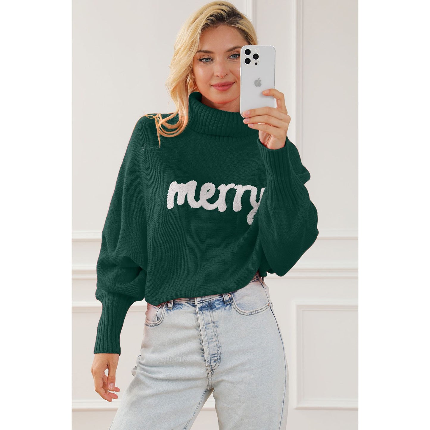 Merry Letter Embroidered High Neck Sweater