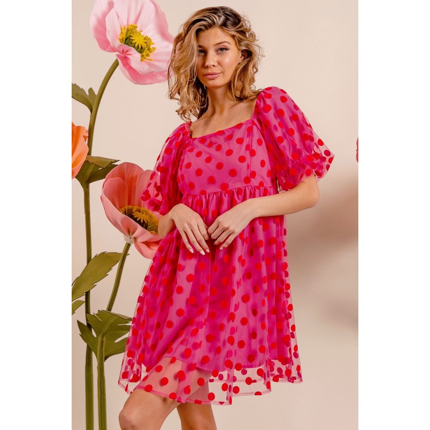 BiBi Polka Dot Mesh Puff Sleeve Dress