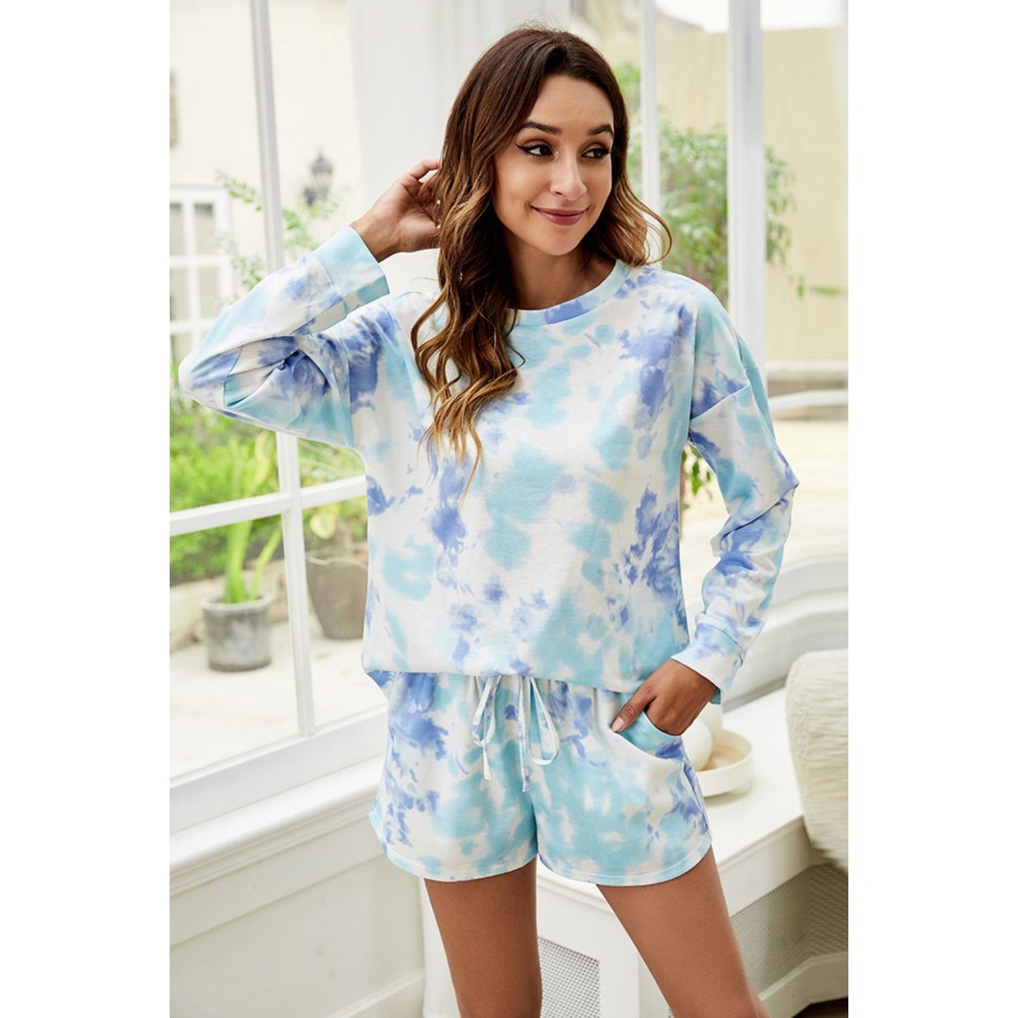 Shiny Tie-Dye Dropped Shoulder Top and Shorts Lounge Set