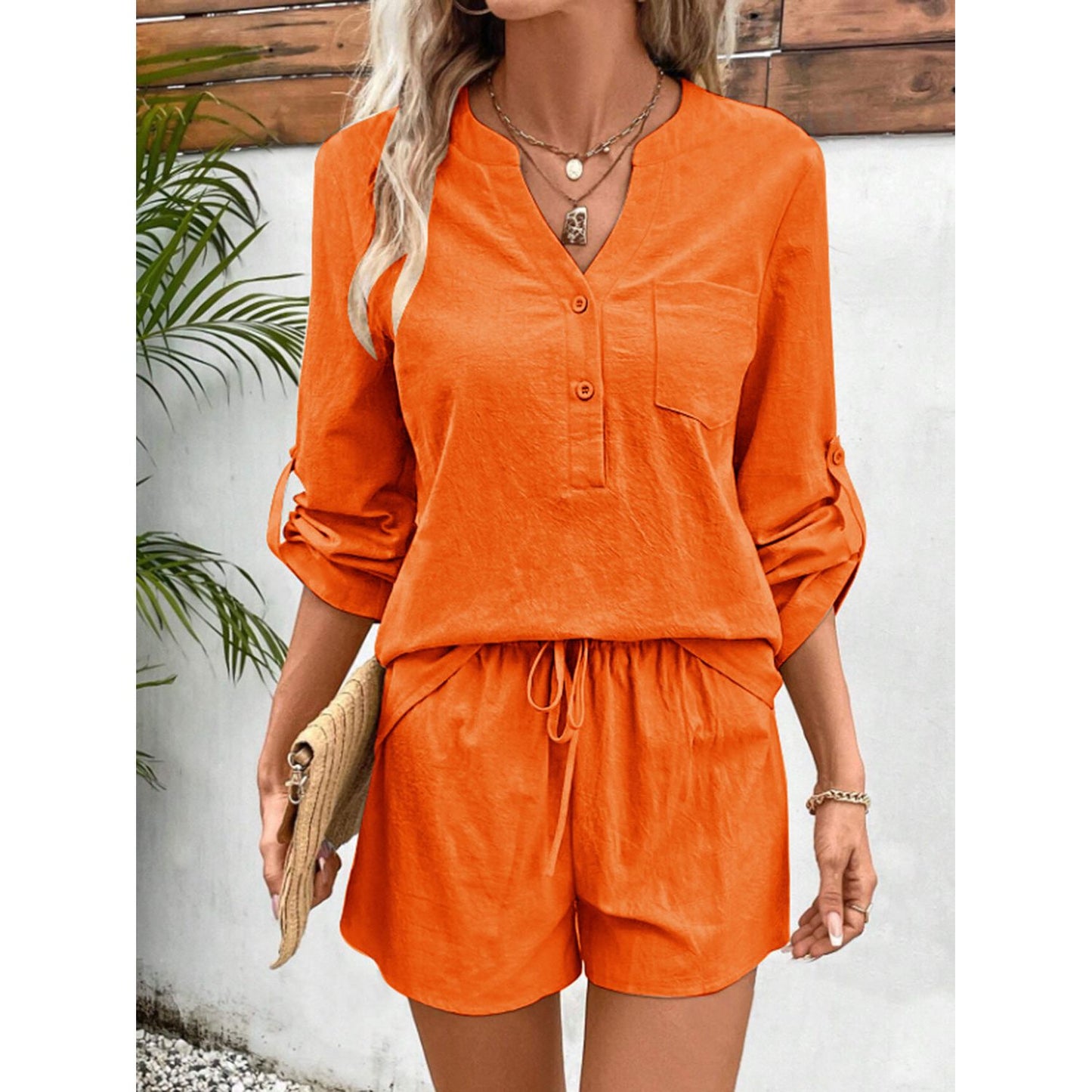 Notched Long Sleeve Top and Shorts Set