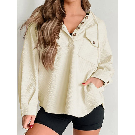 Drawstring Half Button Long Sleeve Hoodie