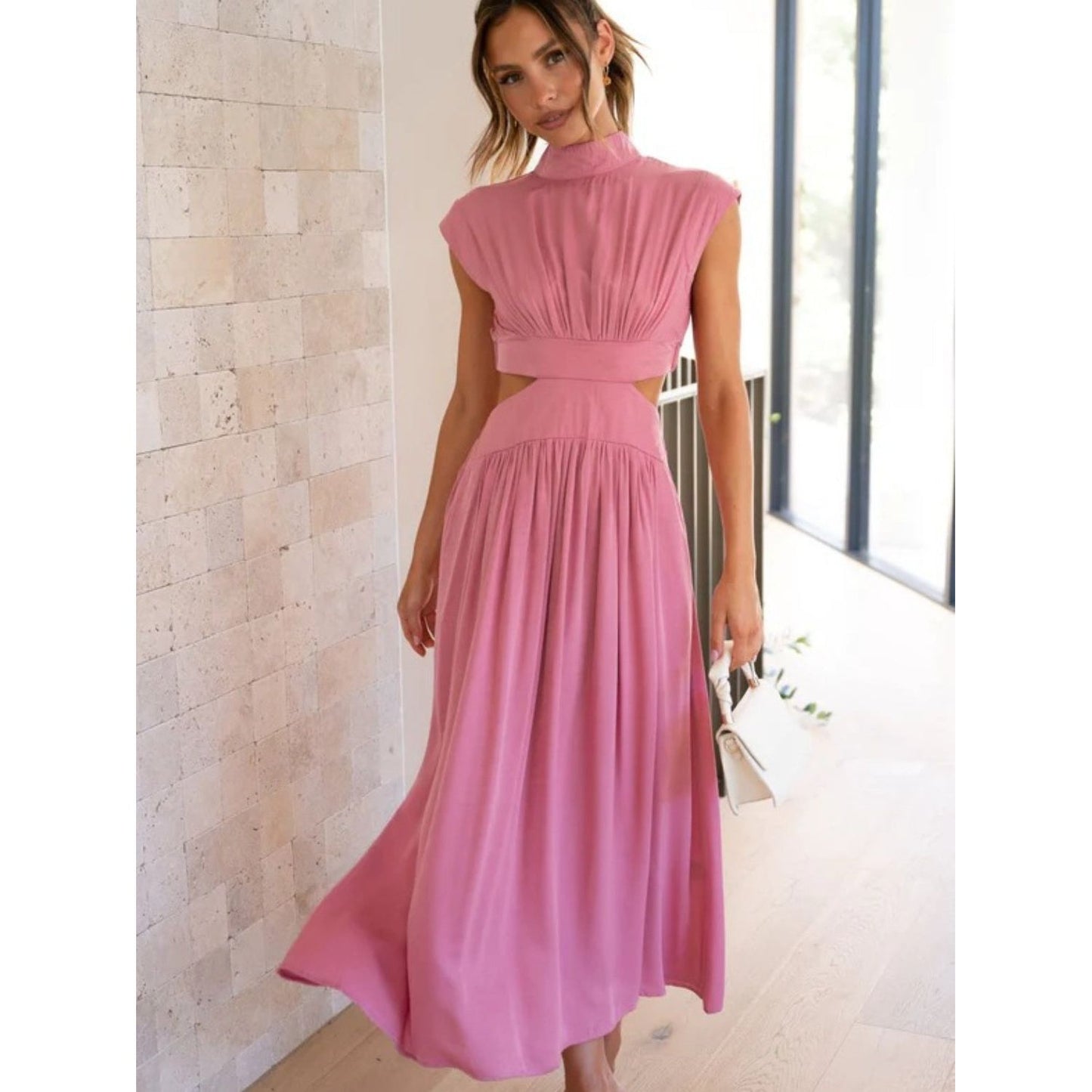 Cutout Mock Neck Sleeveless Ruched Dress