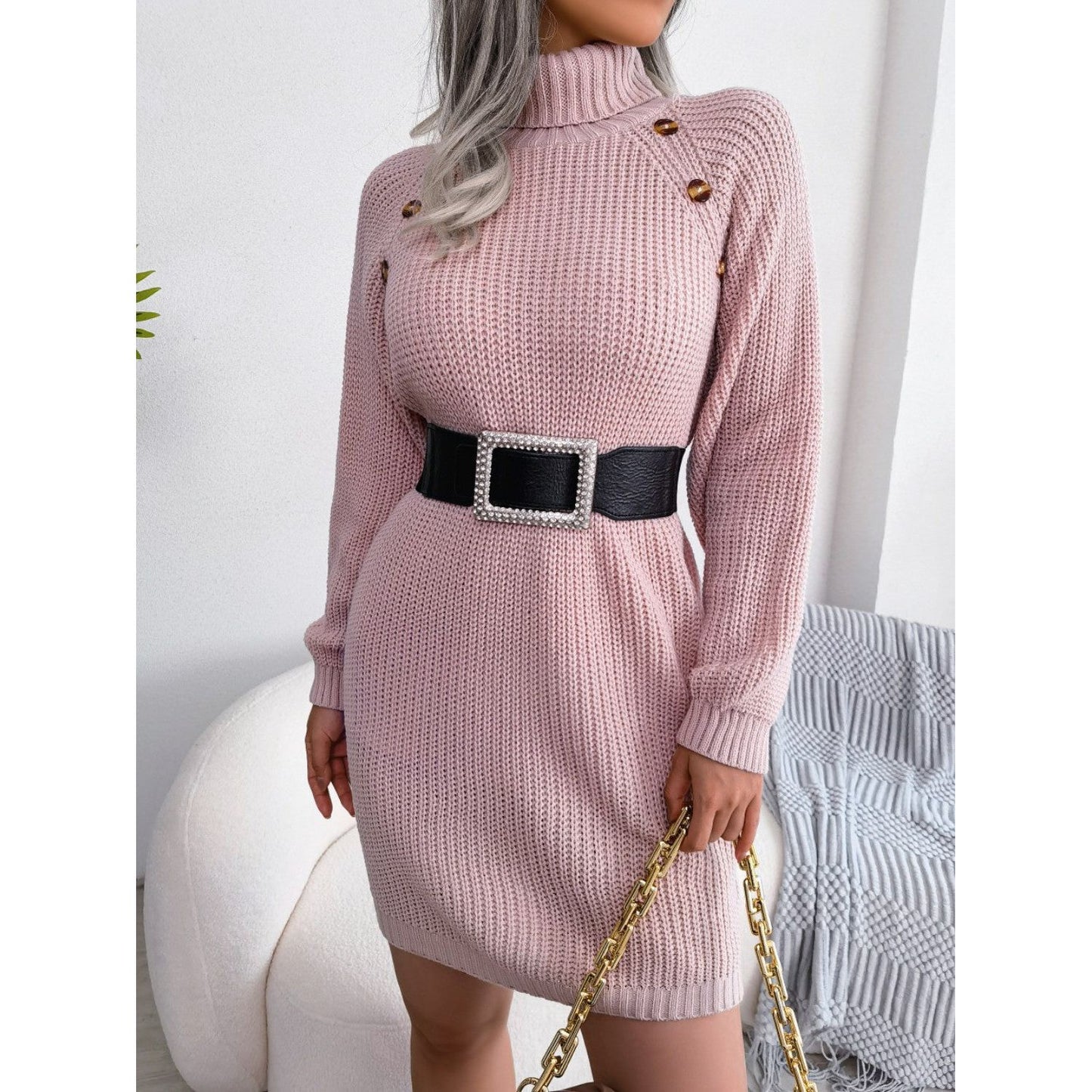 Decorative Button Turtleneck Sweater Dress