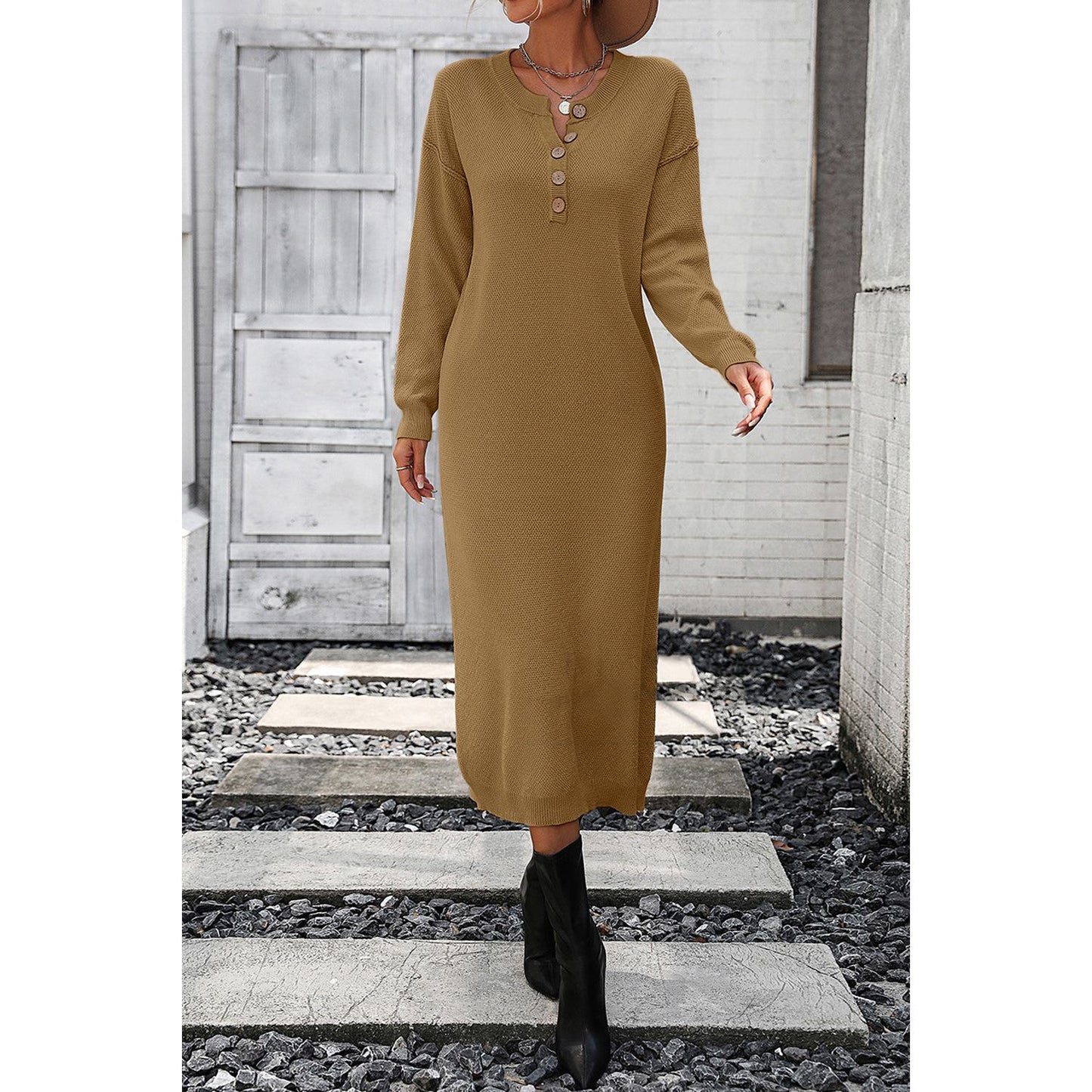 Decorative Button Notched Dropped Shoulder Sweater Dress