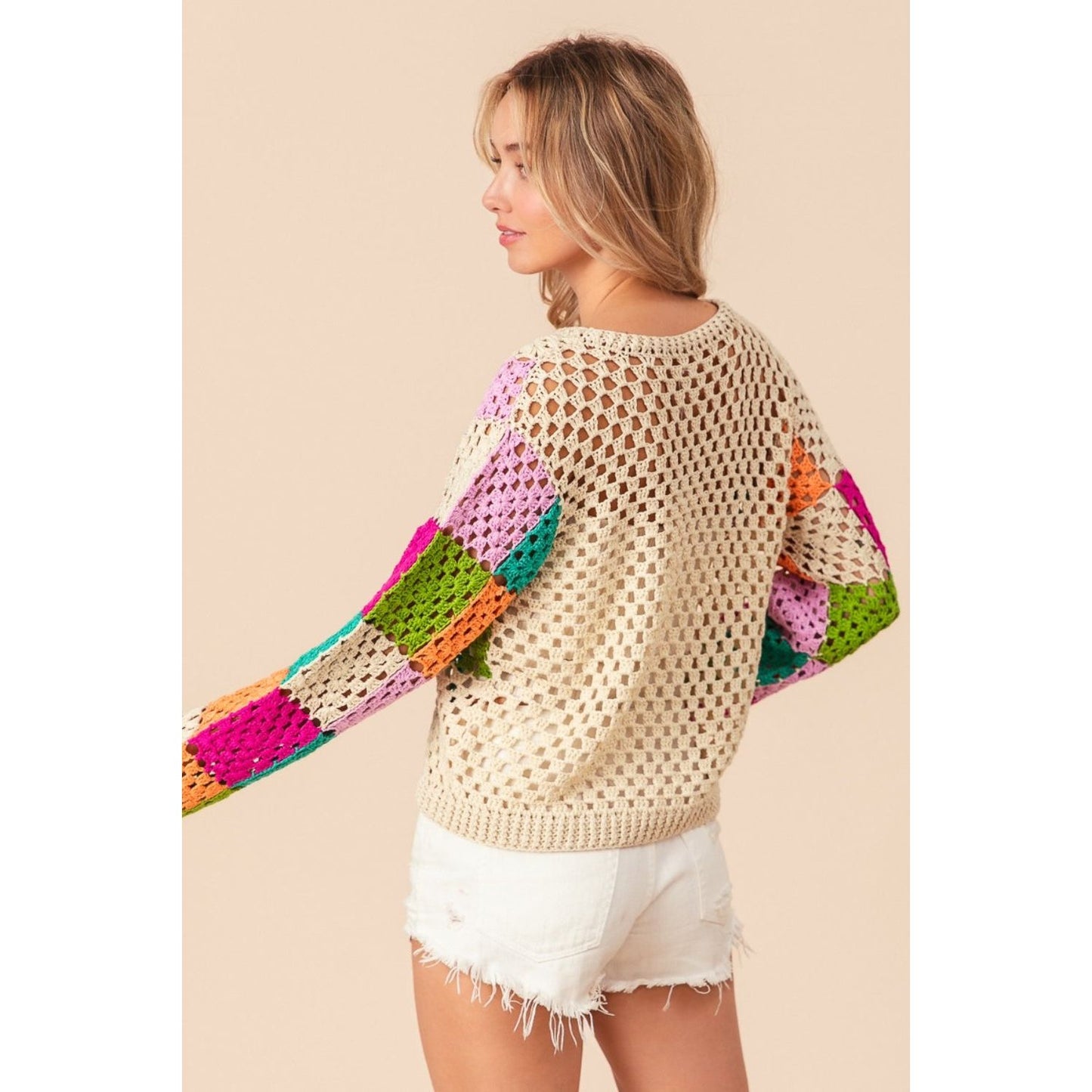 BiBi Multi Color Checkered Long Sleeve Knit Top