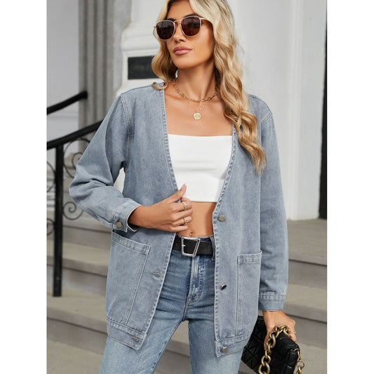 Pocketed V-Neck Button Up Denim Jacket