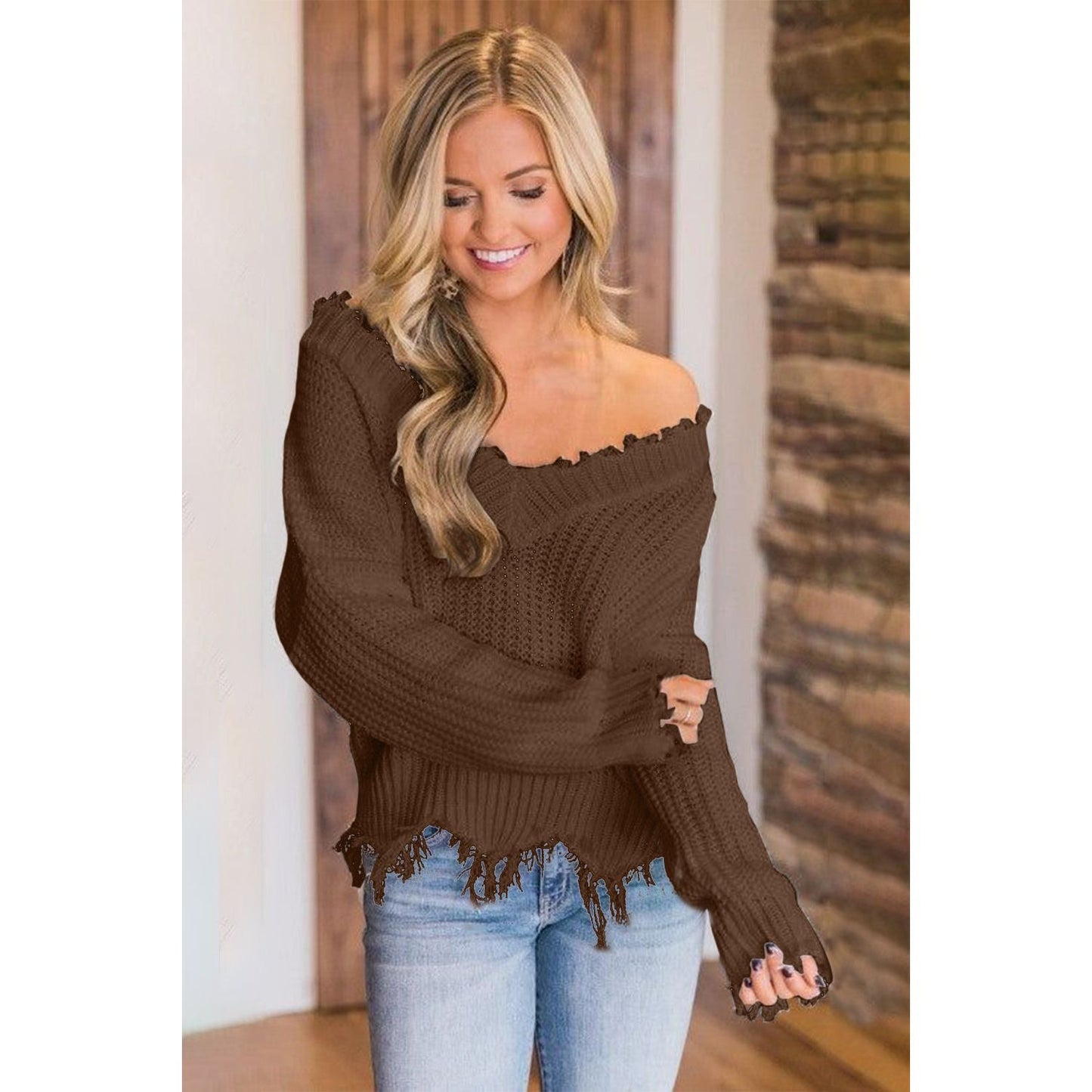 Frayed Hem Dropped Shoulder Sweater