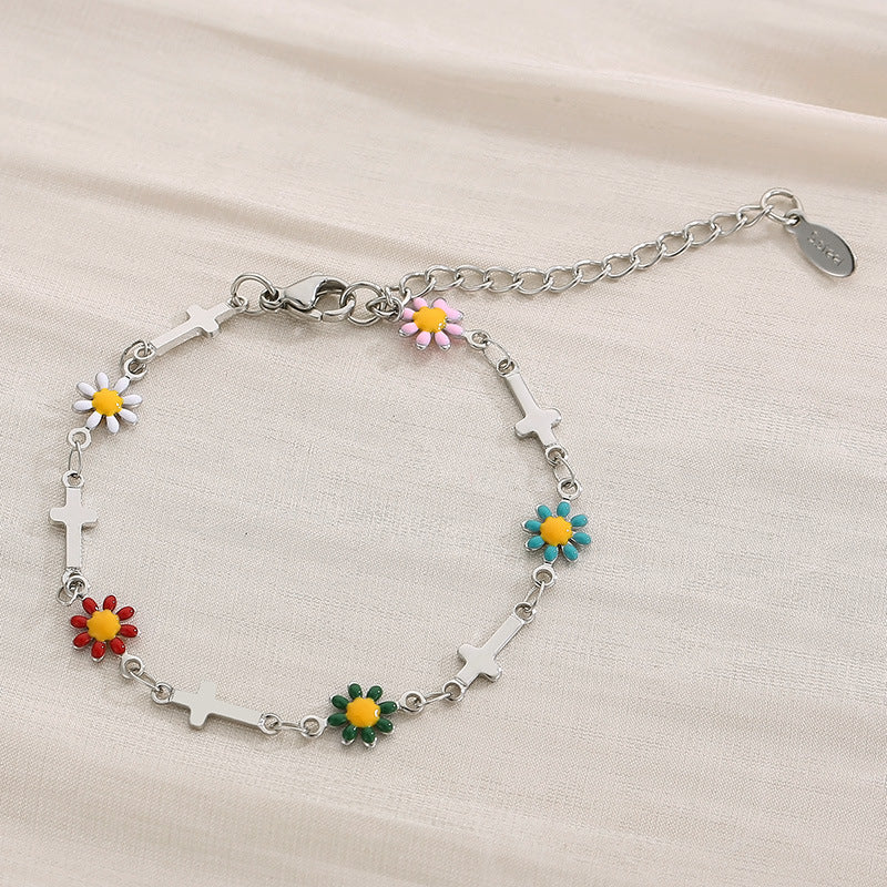 Flower & Cross Stainless Steel Bracelet