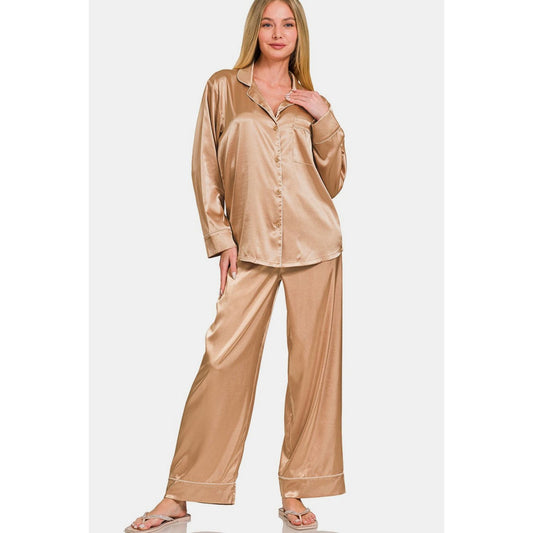 Zenana Satin Long Sleeve Shirt and Pants Pajama Set