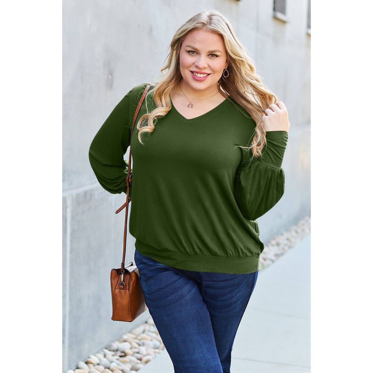 Basic Bae Full Size V-Neck Lantern Sleeve Top